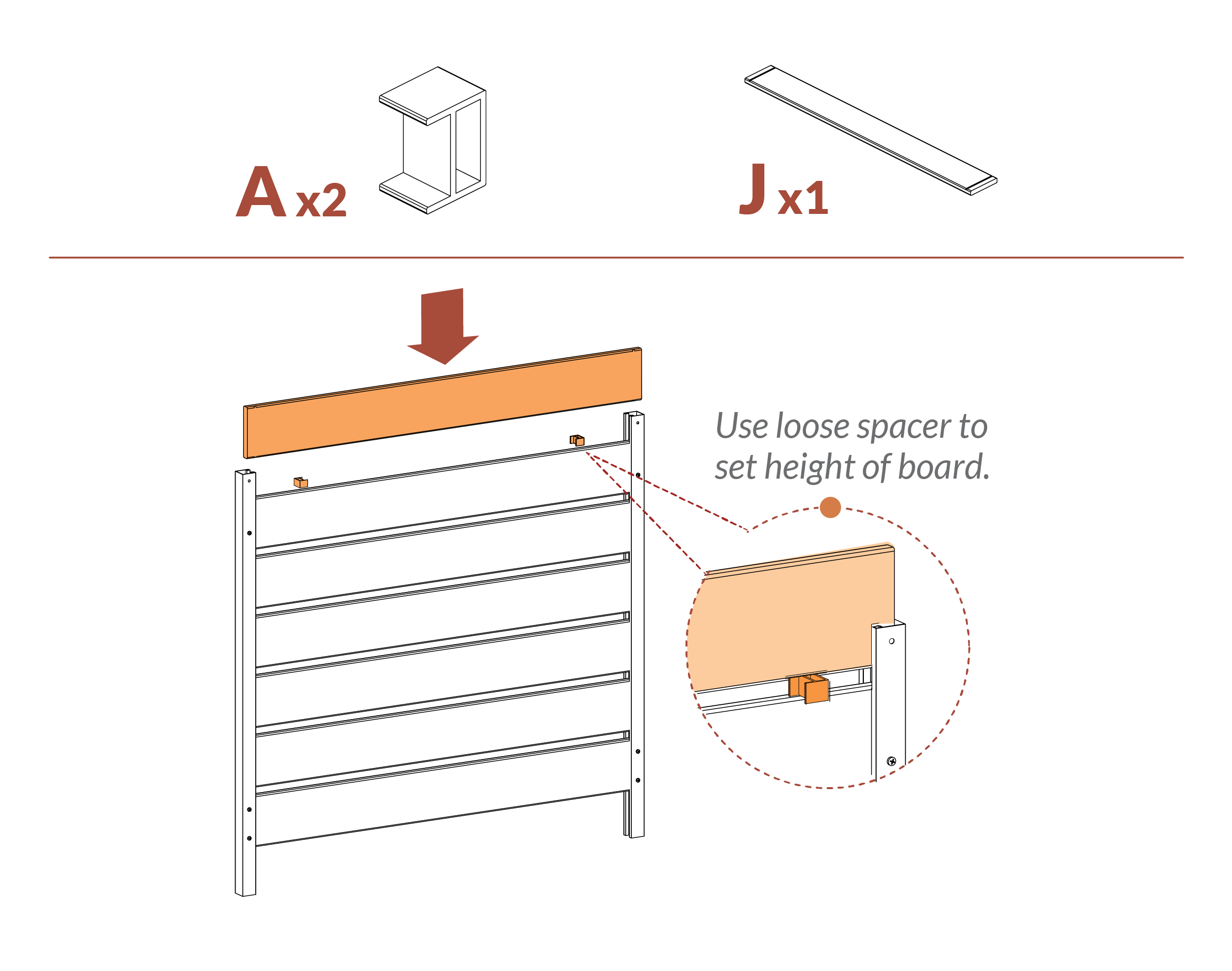 Step 10 use loose spacer to set height of board, place slats