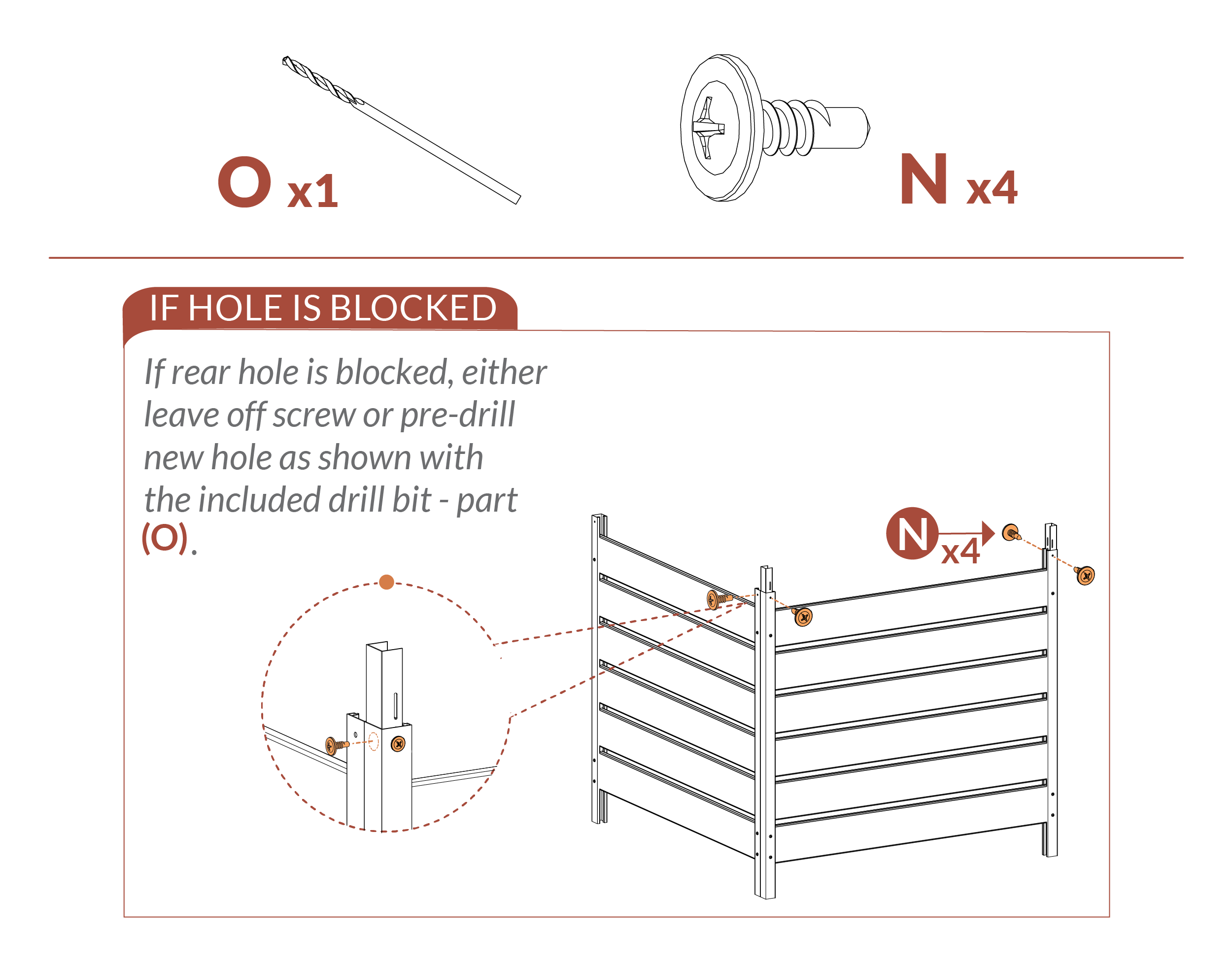 If hole=blocked leave off screw or predrill new hole