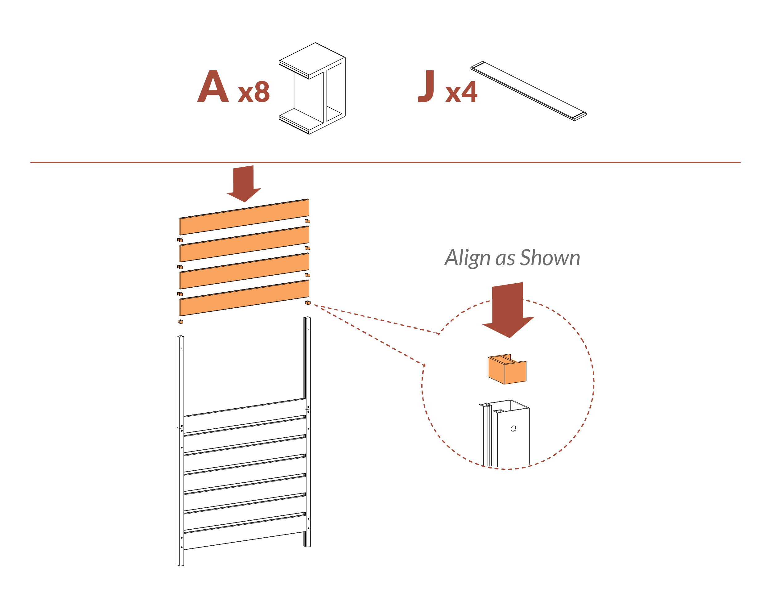 Step 15 Insert 4 boards (J) using spacers (A)