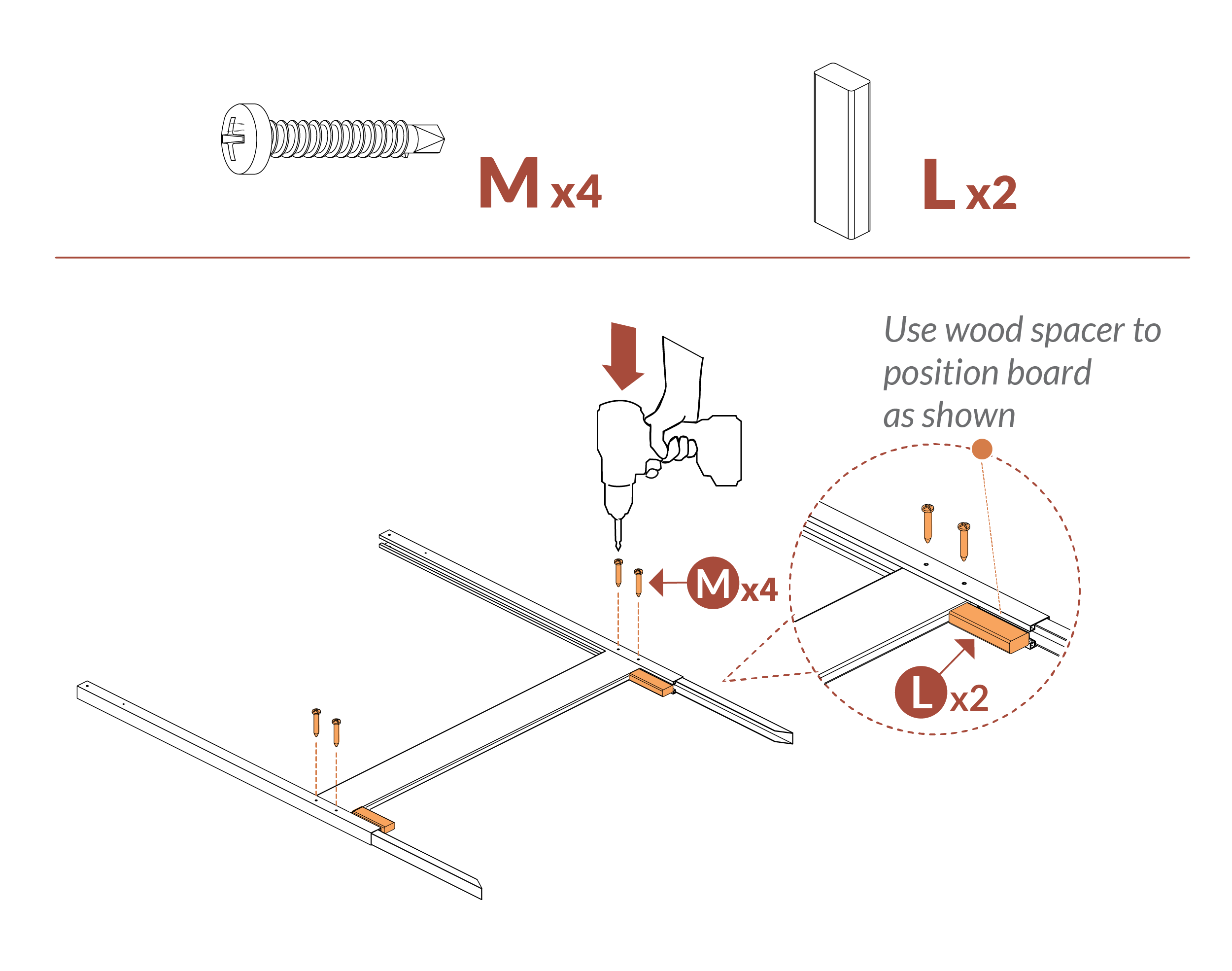 Step 4 Use wood spacer to position board as shown