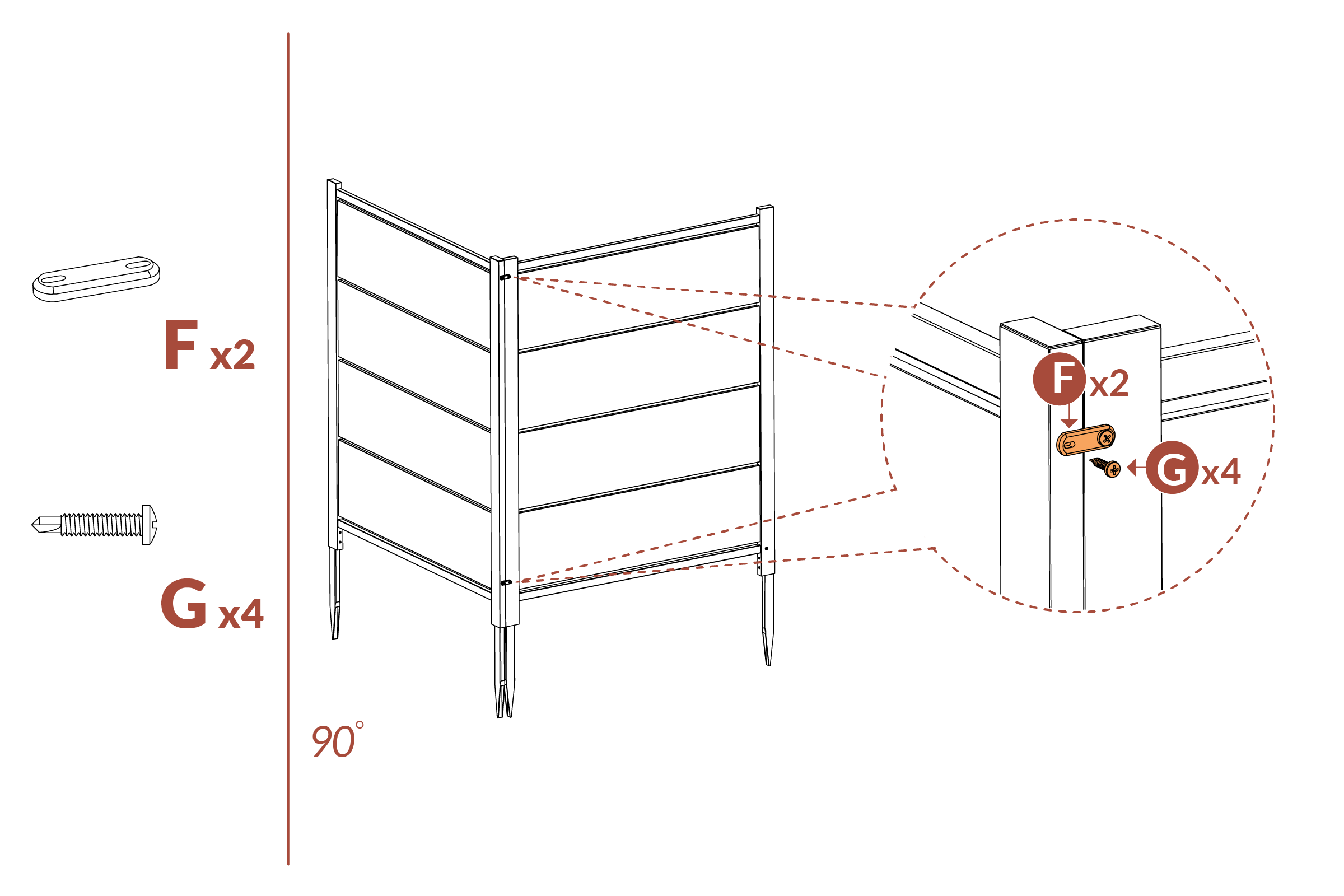 Step 13 - Connect panels with joiner clips (F) and screws (G