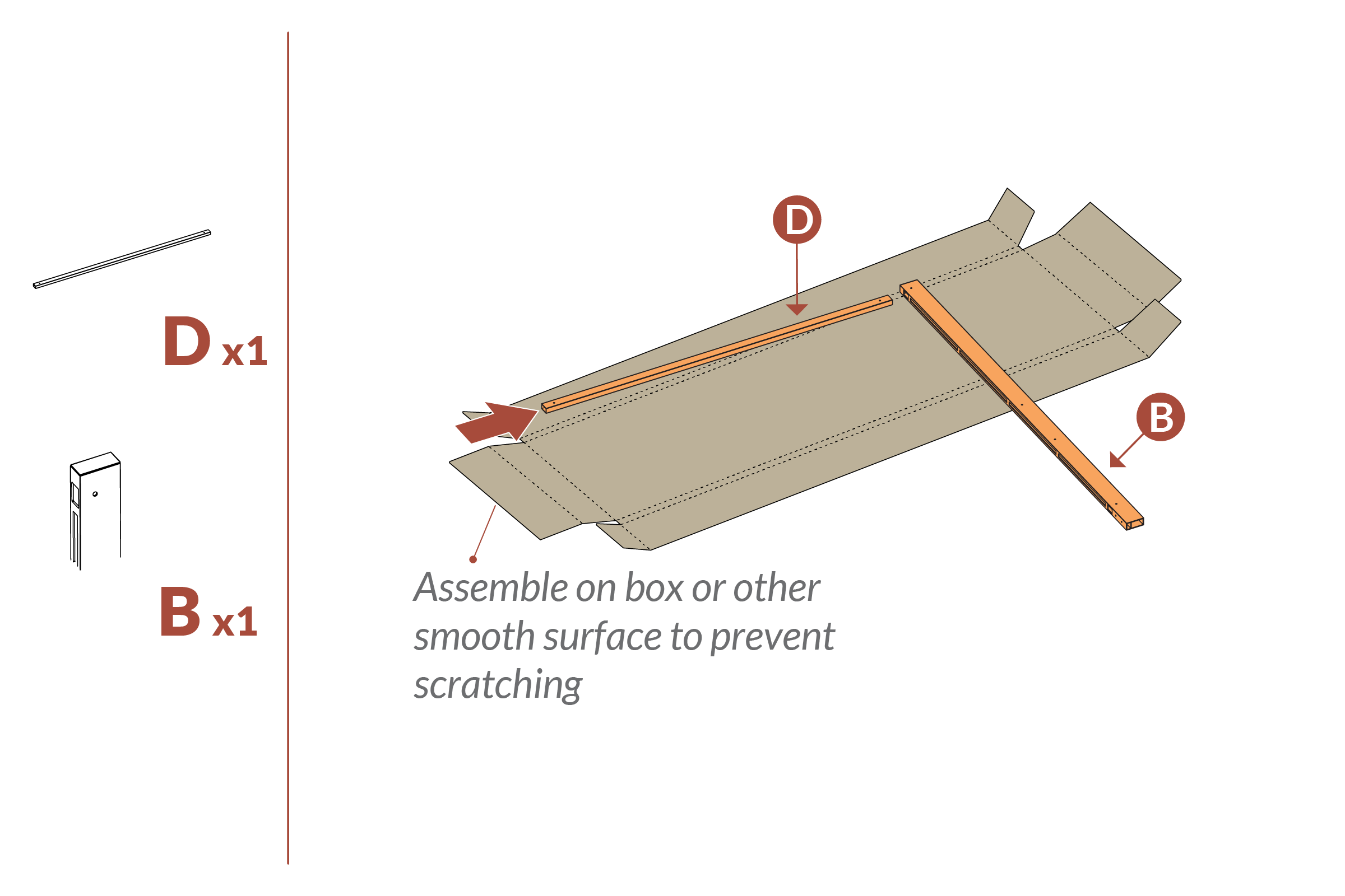 Step 1 - Slide rail (D) into right post (B)