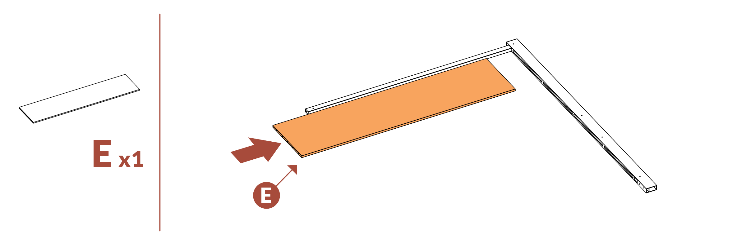 Step 2 - Attach 1 board (E) into right post (B).