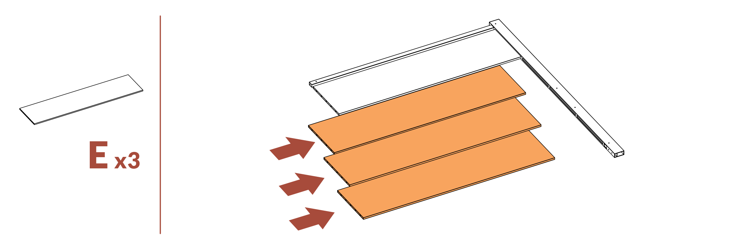 Step 3 - Attach 3 boards (E) into right post (B).