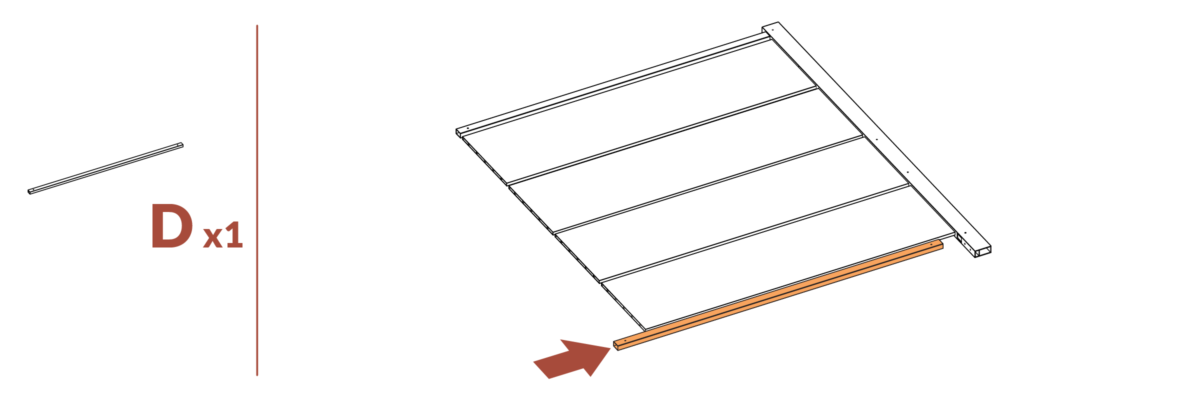 Step 4 - Insert 1 rail (D) into right post (B) at the bottom