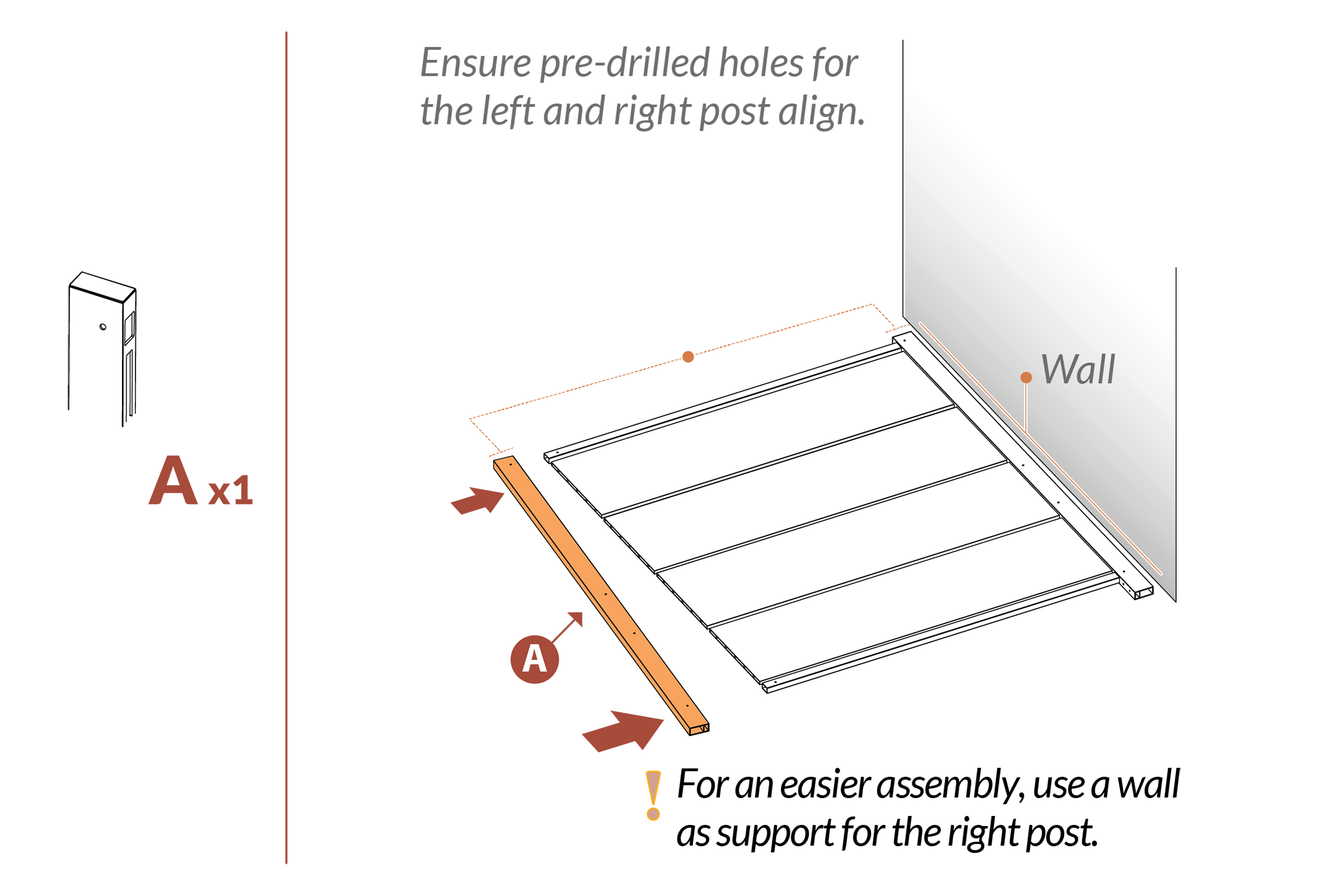 Step 5 - Attach left post (A) set post against wall