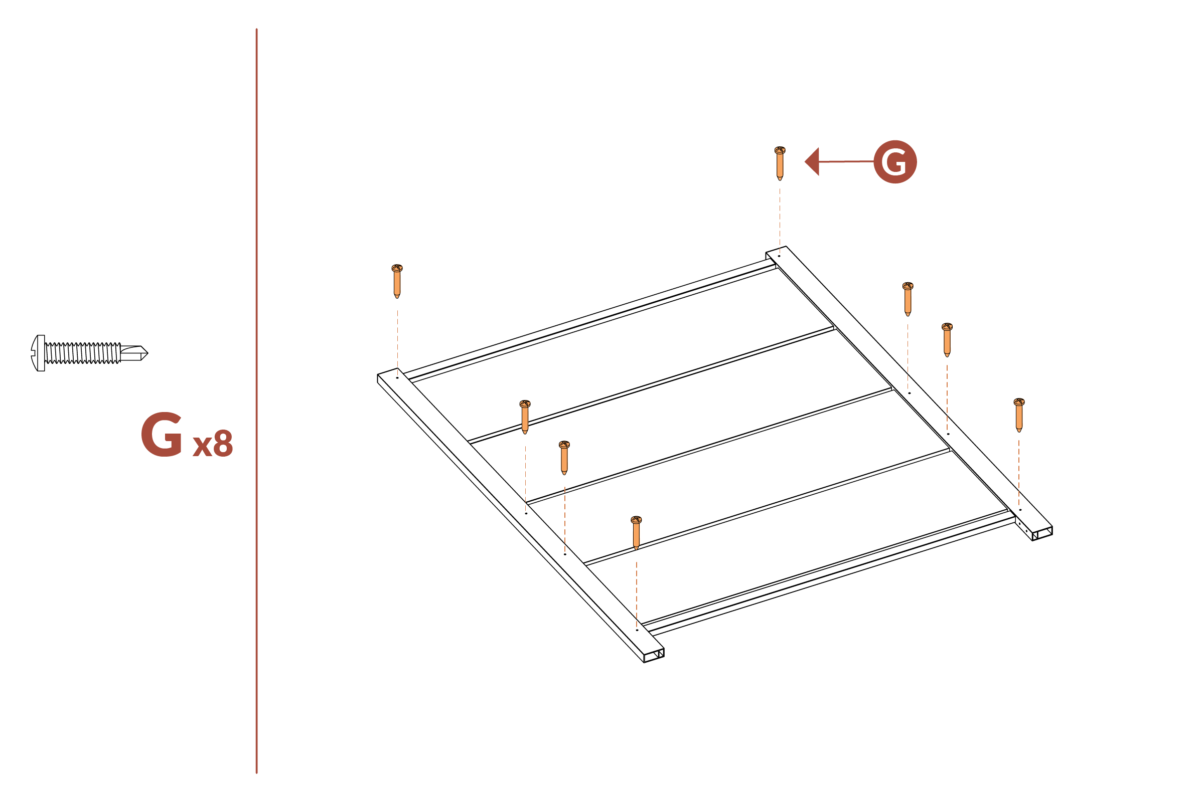 Step 6 - Insert 8 screws (G) into pre-drilled holes on posts