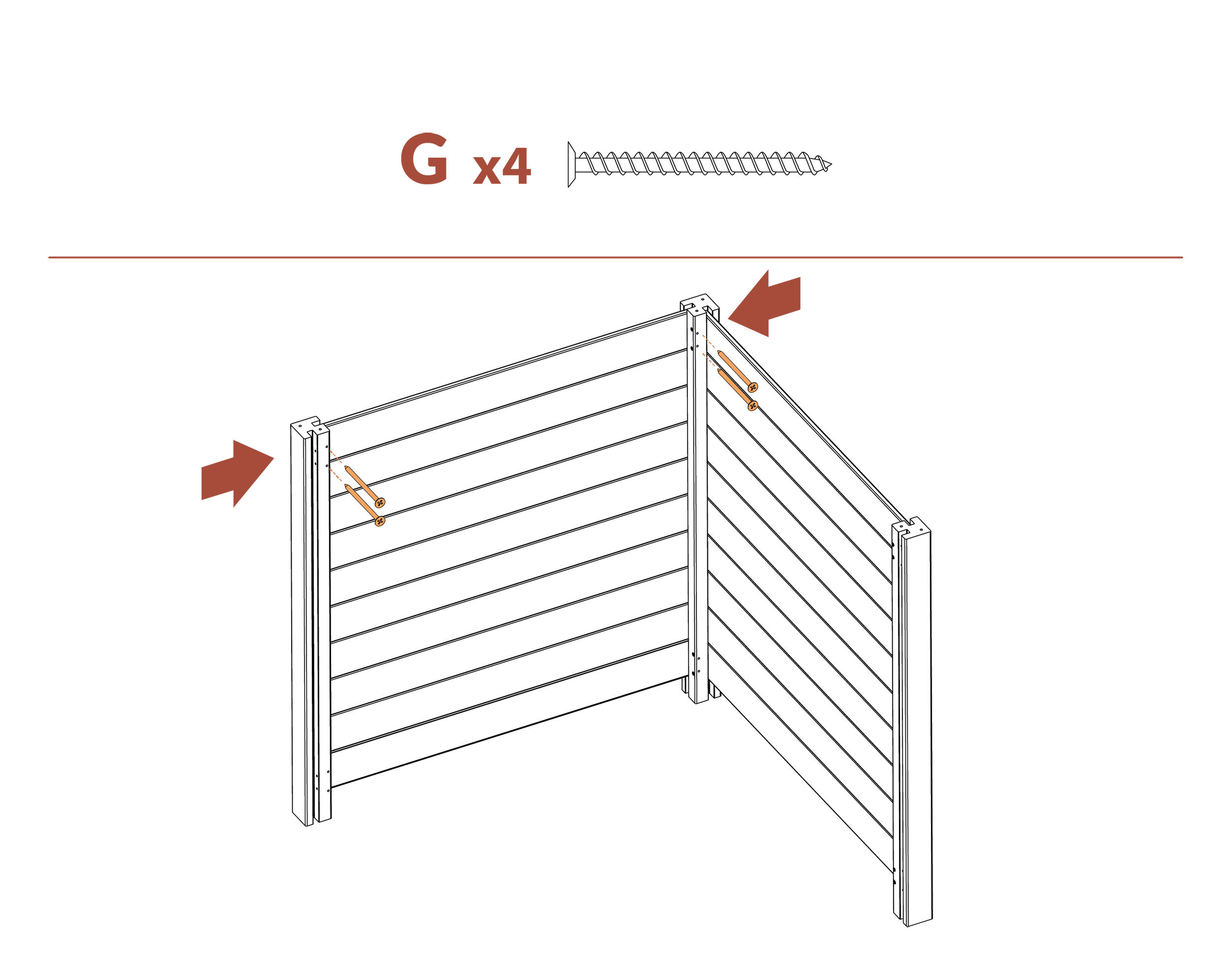Step 13 screw boards into place using provided screws (G)