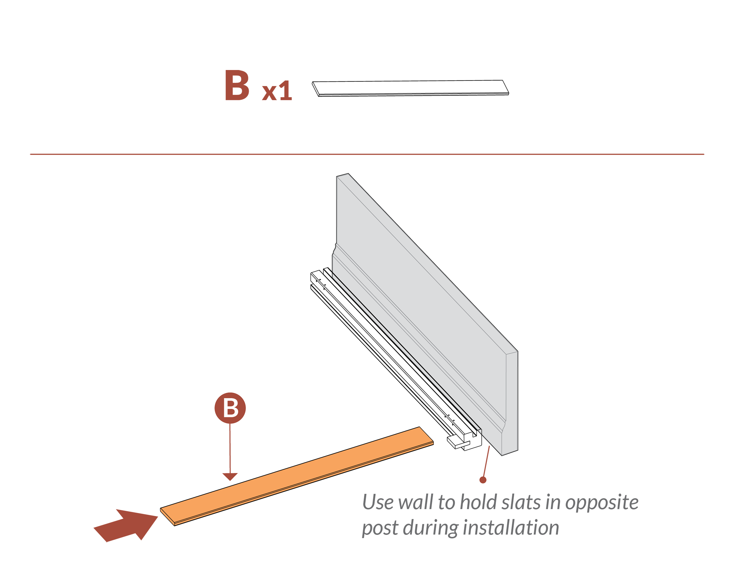 Step 2 use wall to hold slats in opposite post during instal
