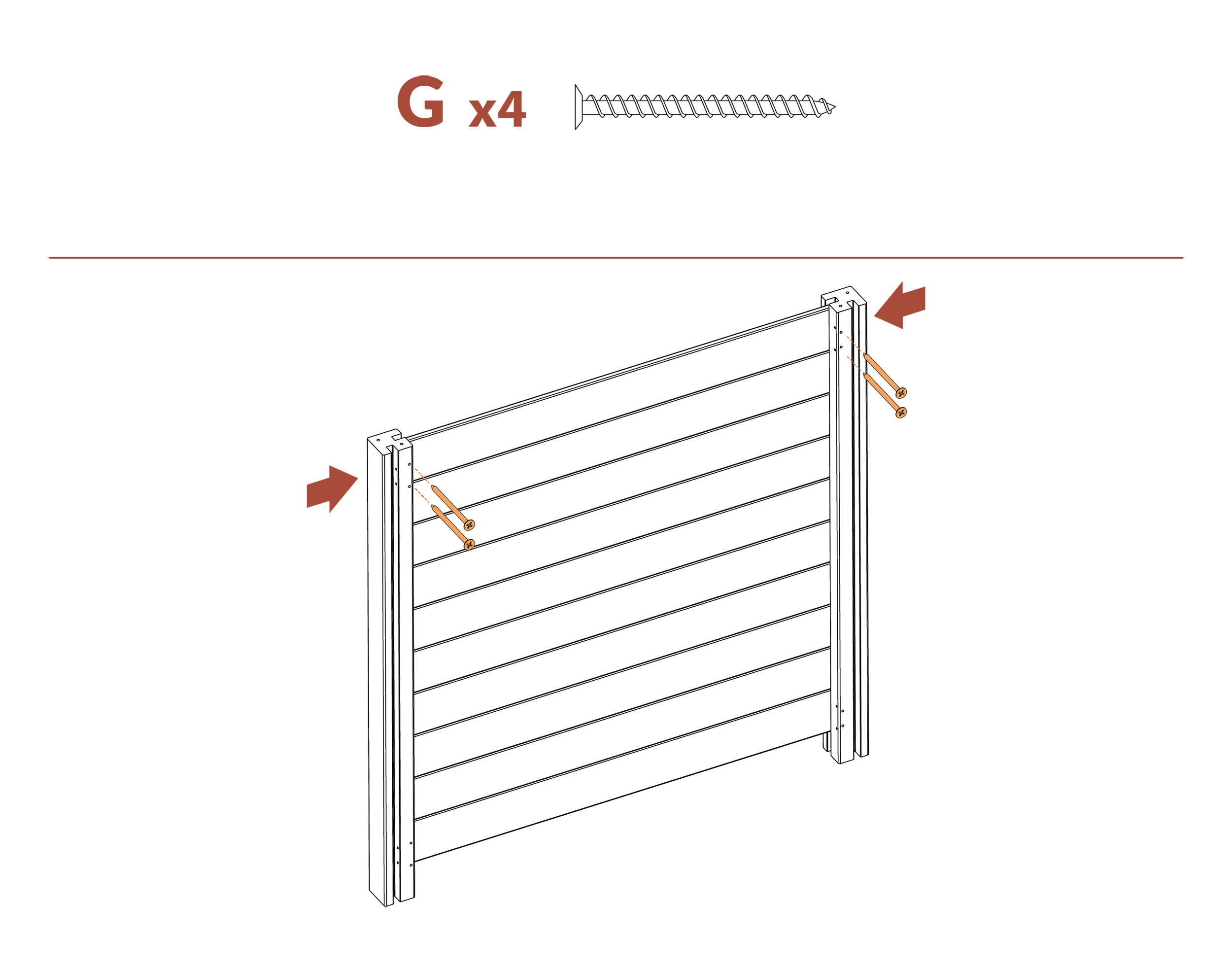 Step 8 screw boards into place using provided screws (G)