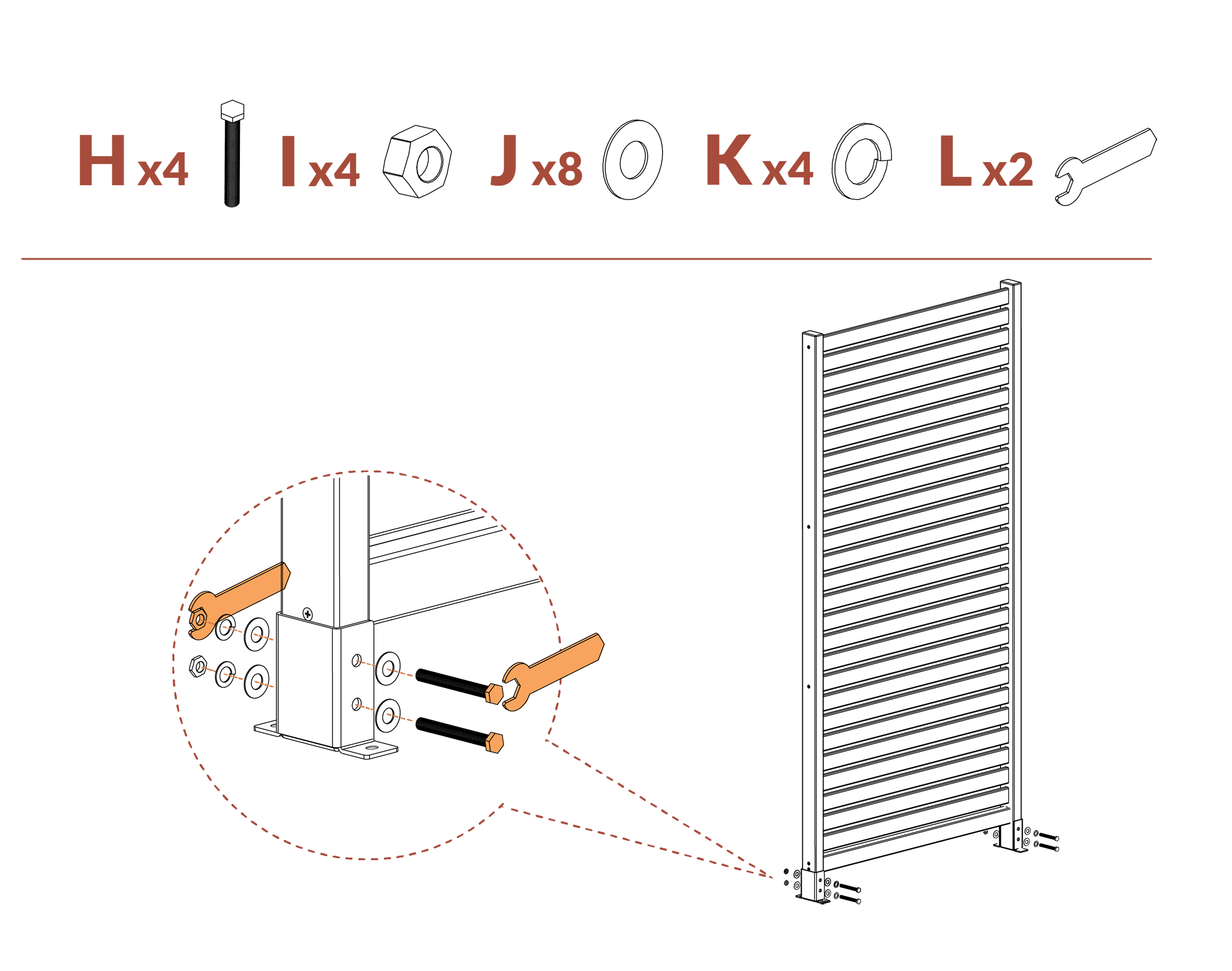 Step 1 patio: attach brackets to feet using hardware provide