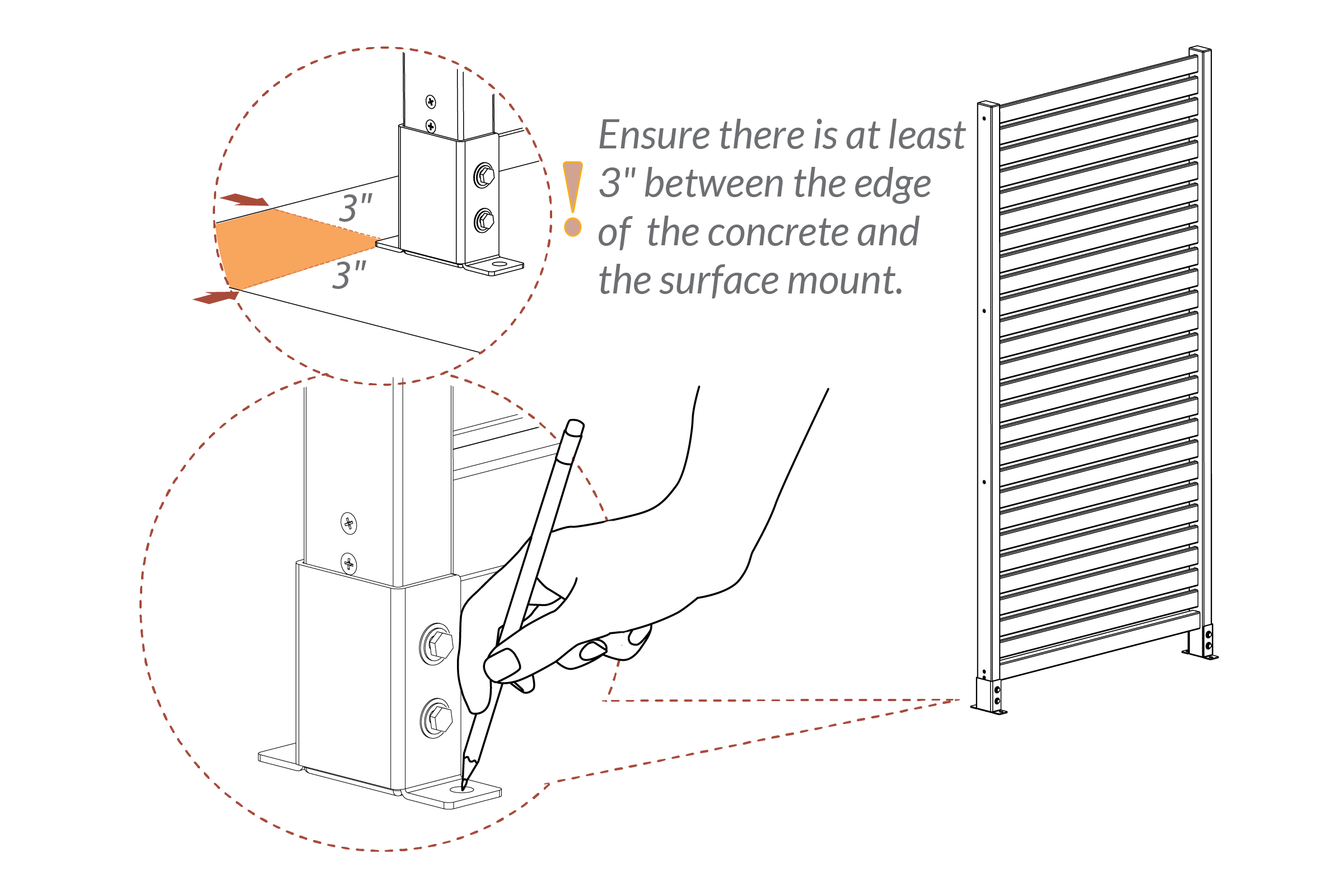 Step 2 patio:Ensure 3" between concrete edge & surface mount