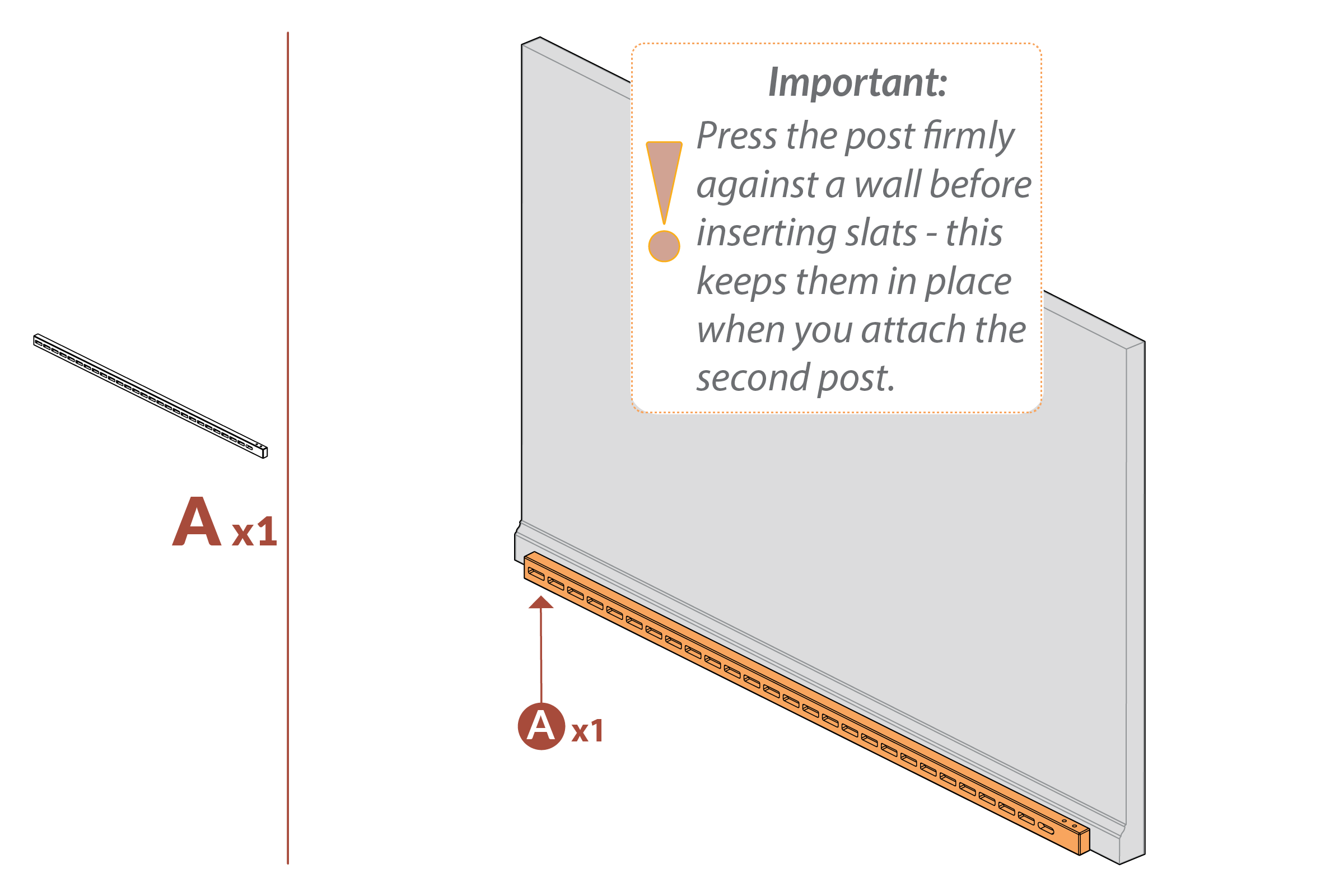Step 1 Press rail (A) against a wall before inserting picket