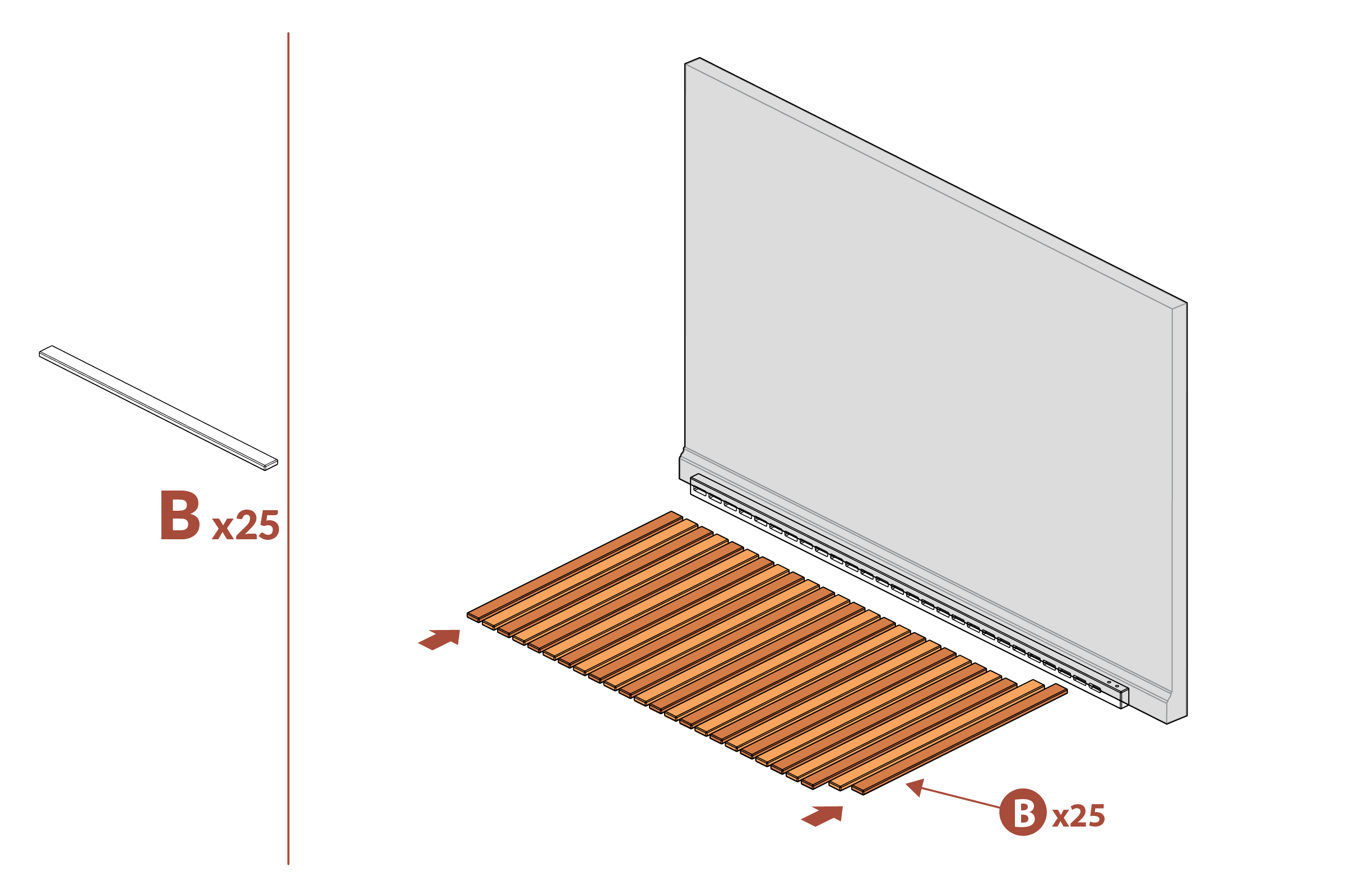 Step 2: Insert all slats (B) into rail
