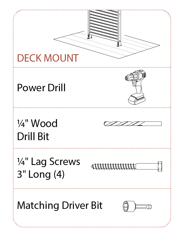 Deck mount tools and hardware required/not included