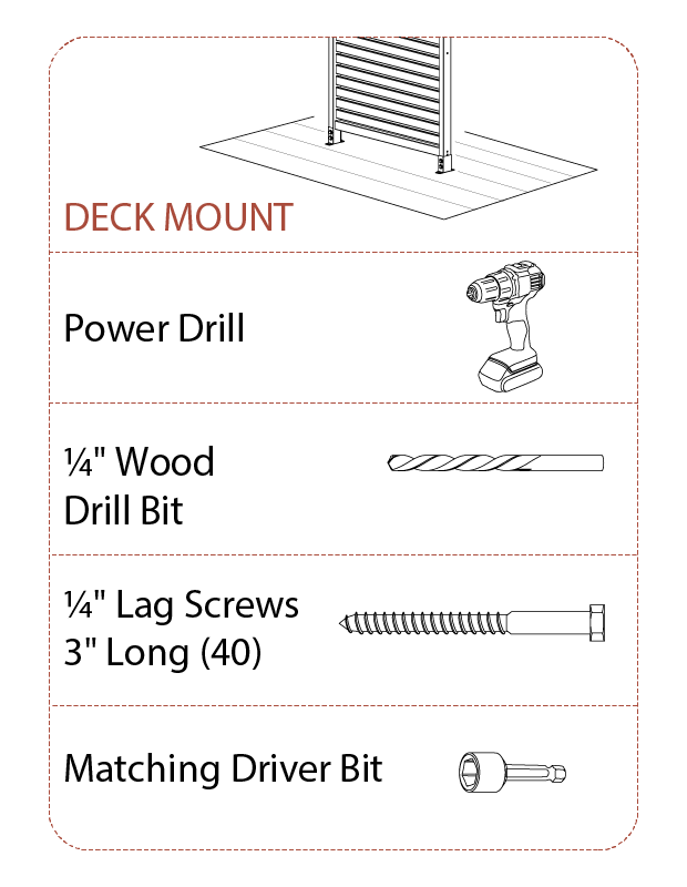 Deck mount tools and hardware required/not included