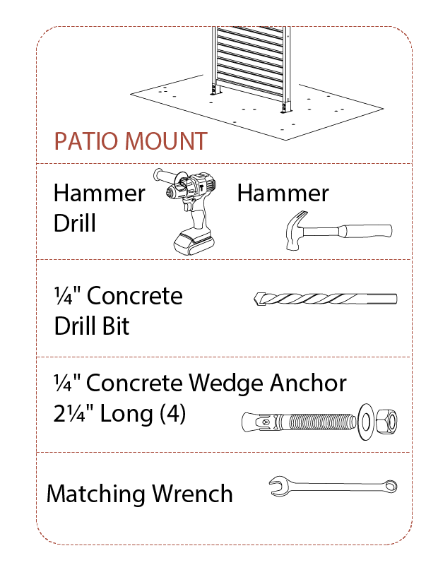 Patio Mount Hardware and Tools Required/Not provided