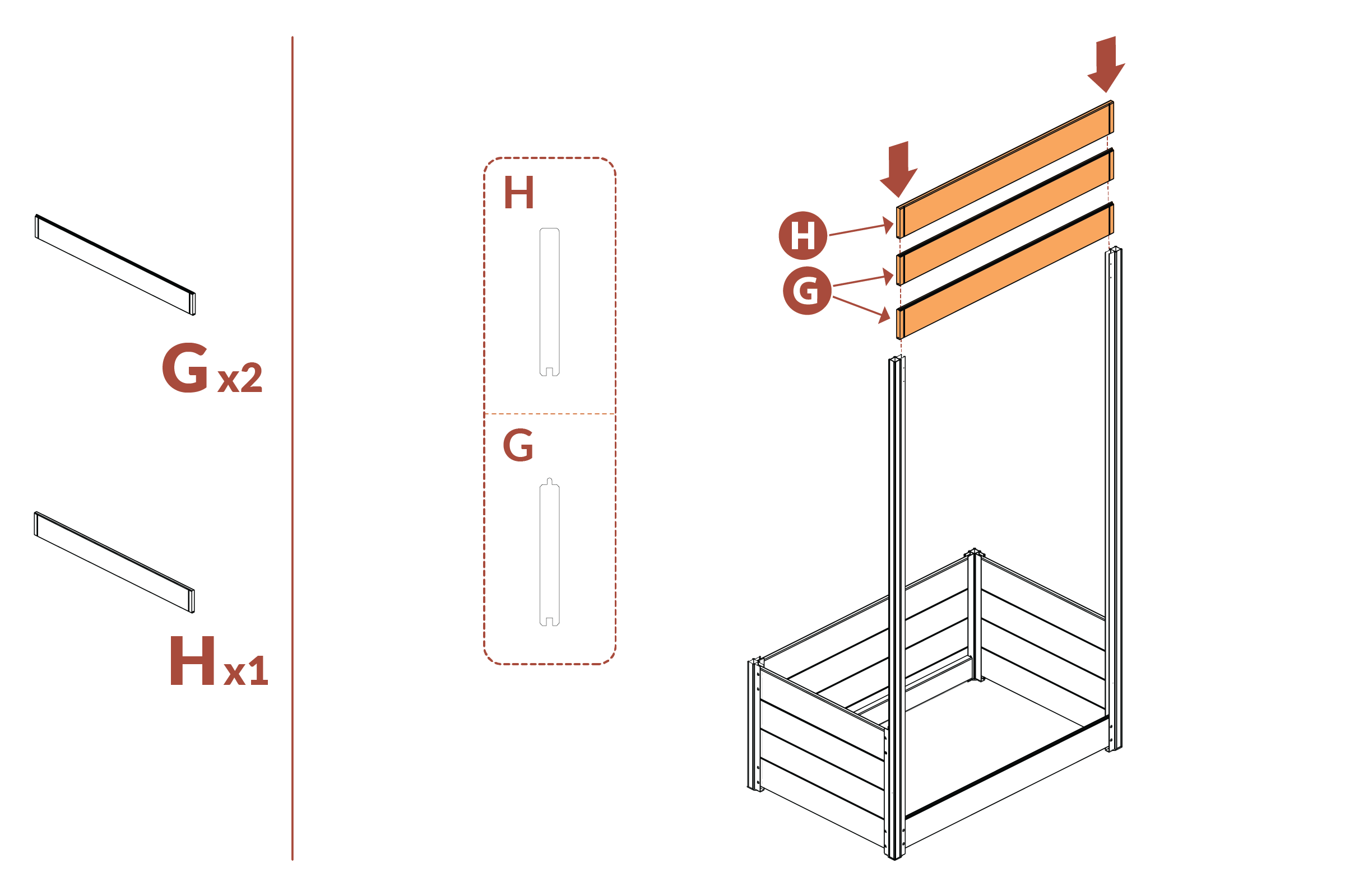 Step 12 - Install boards (G and H) into posts (A and B)