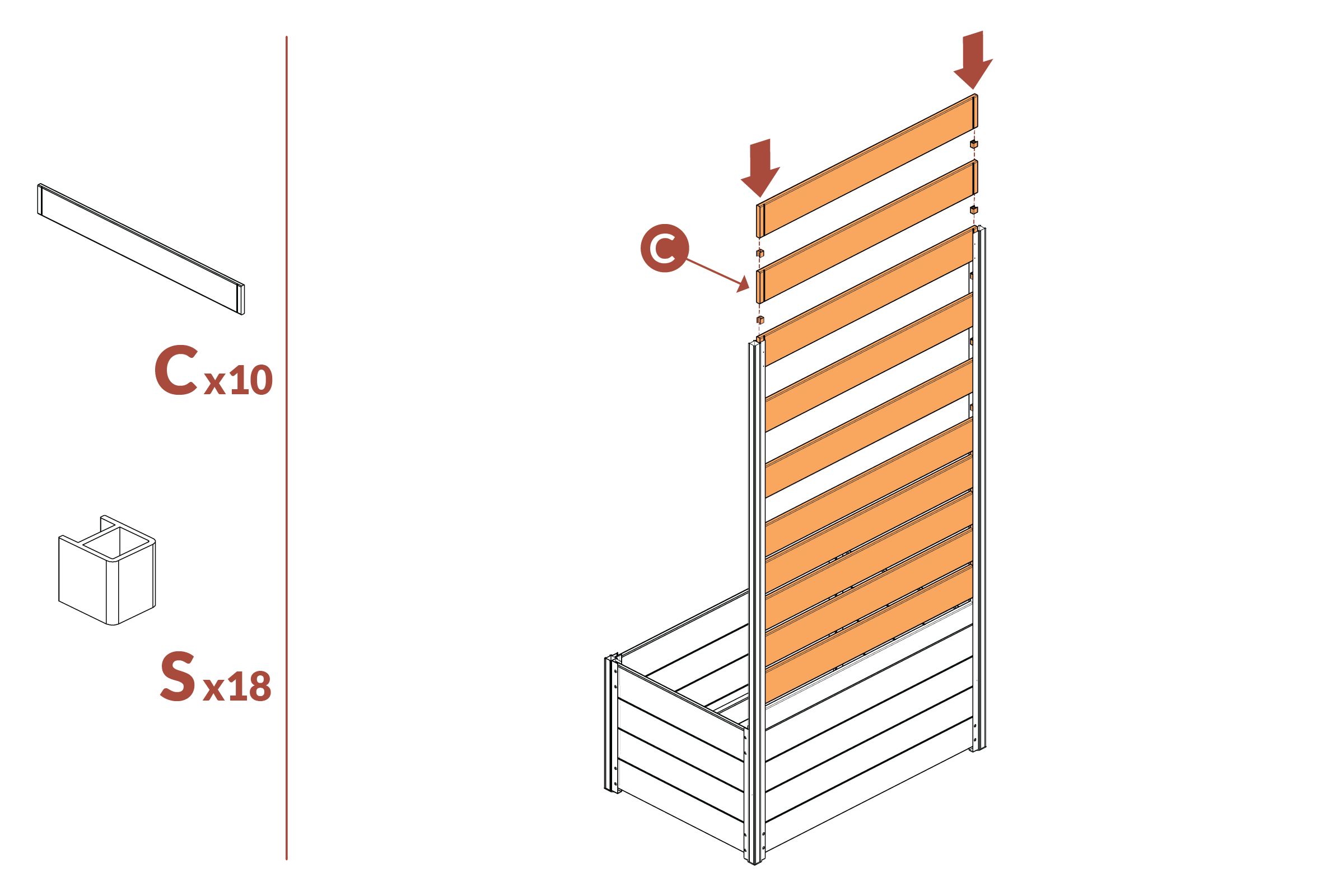 Step 14 - Install boards (C) and spacers (S)