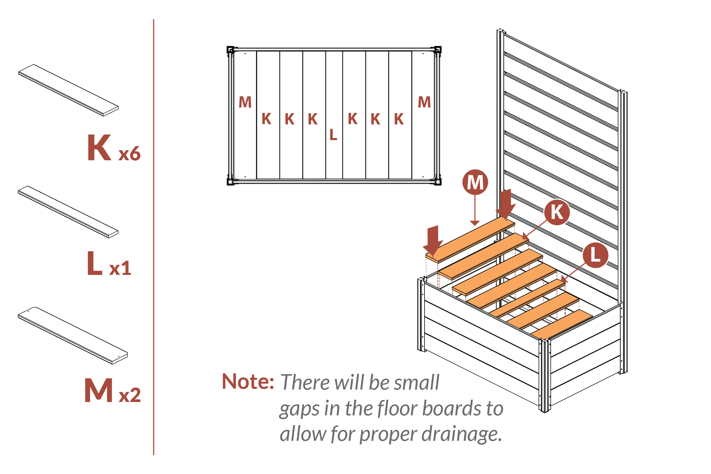 Step 16 - Install floor boards (K, L, and M) in planter box