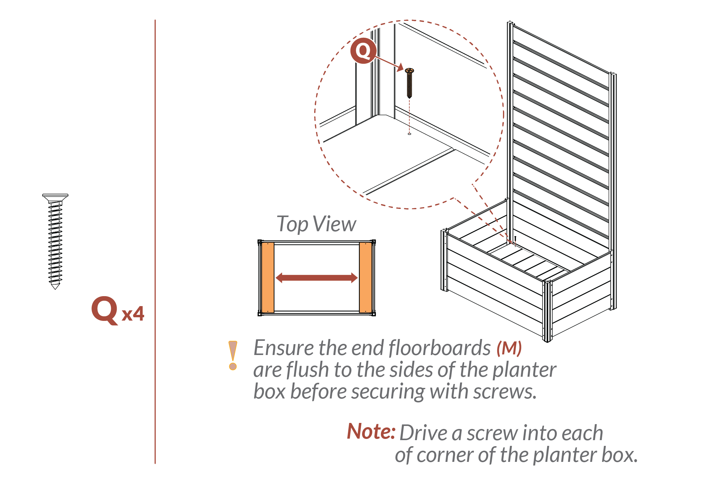 Step 17 - Insert wood screws (Q) into floor boards