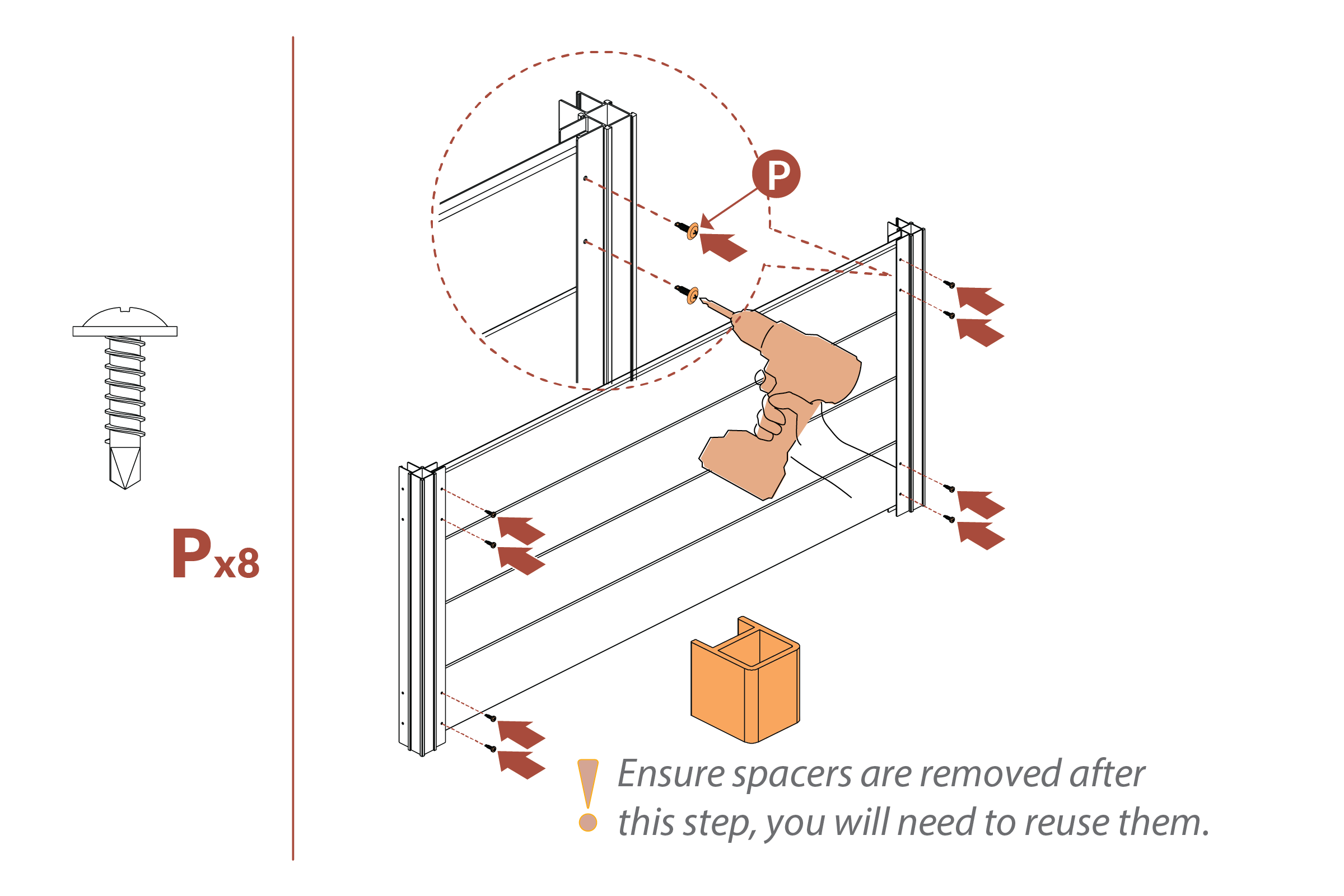 Step 4 - Install screws (part P) into corner posts (part E)