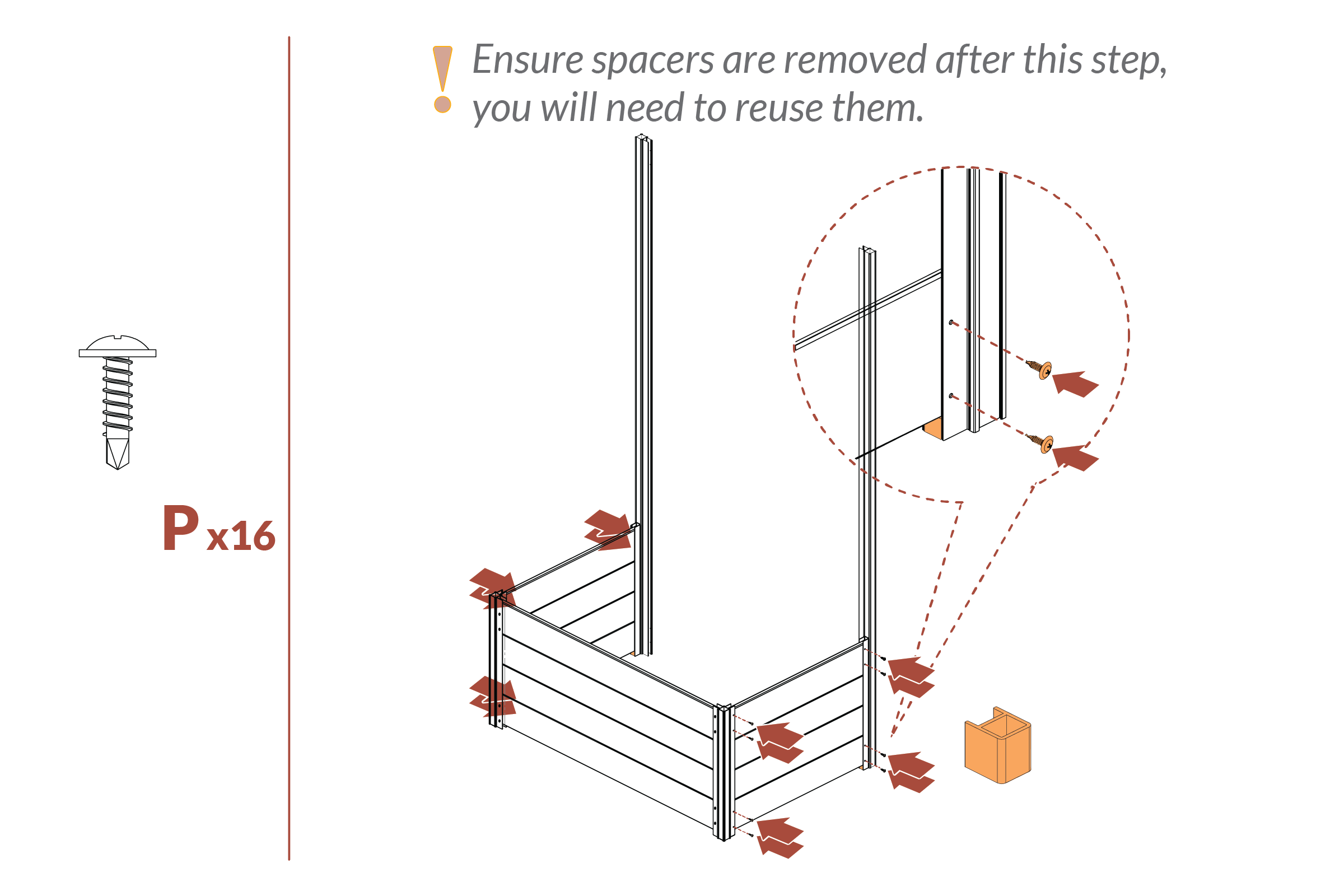 Step 8 - Install Screws (part P) into posts (A, B, E)