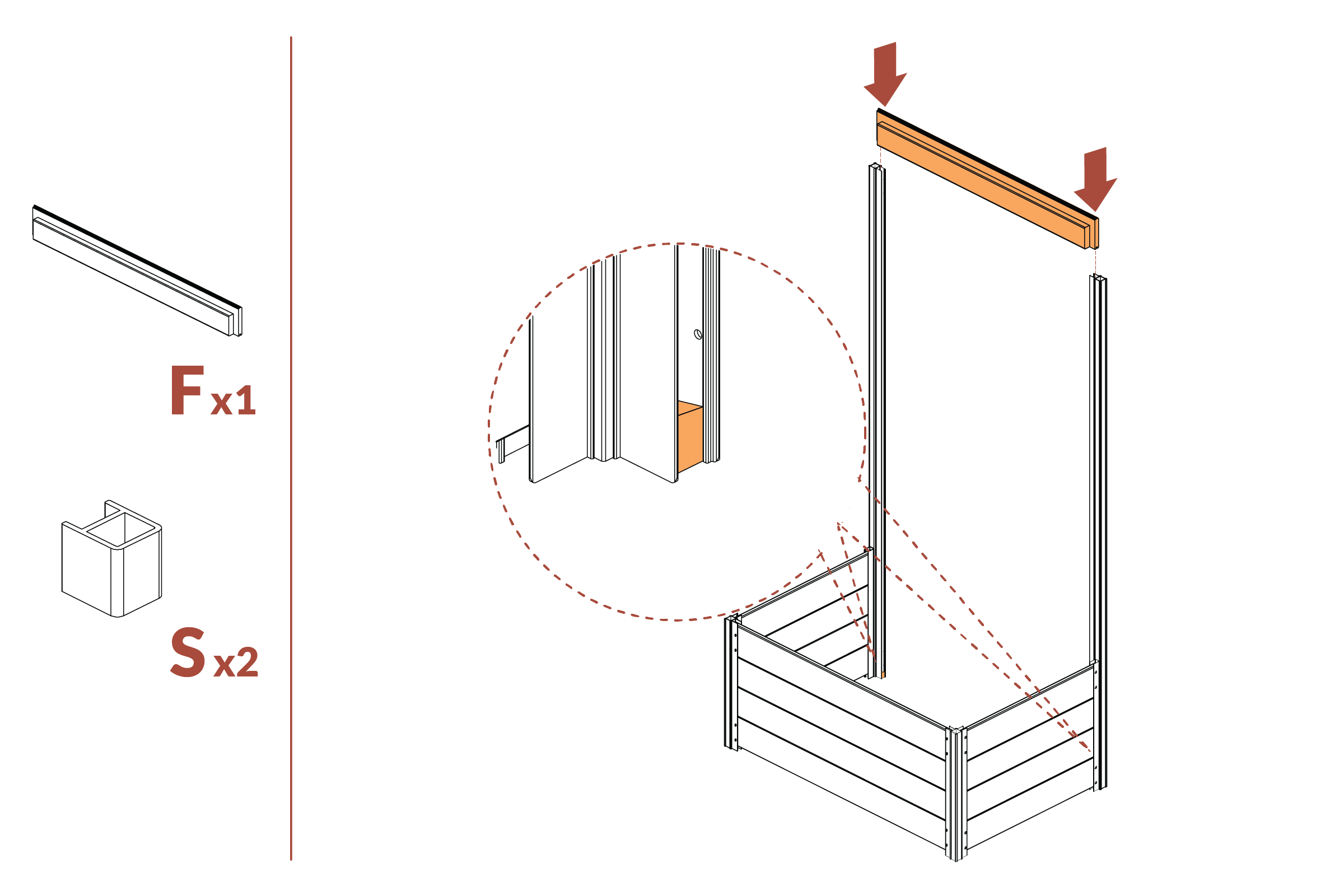 Step 9 - Install planter floor support board (F) and spacers