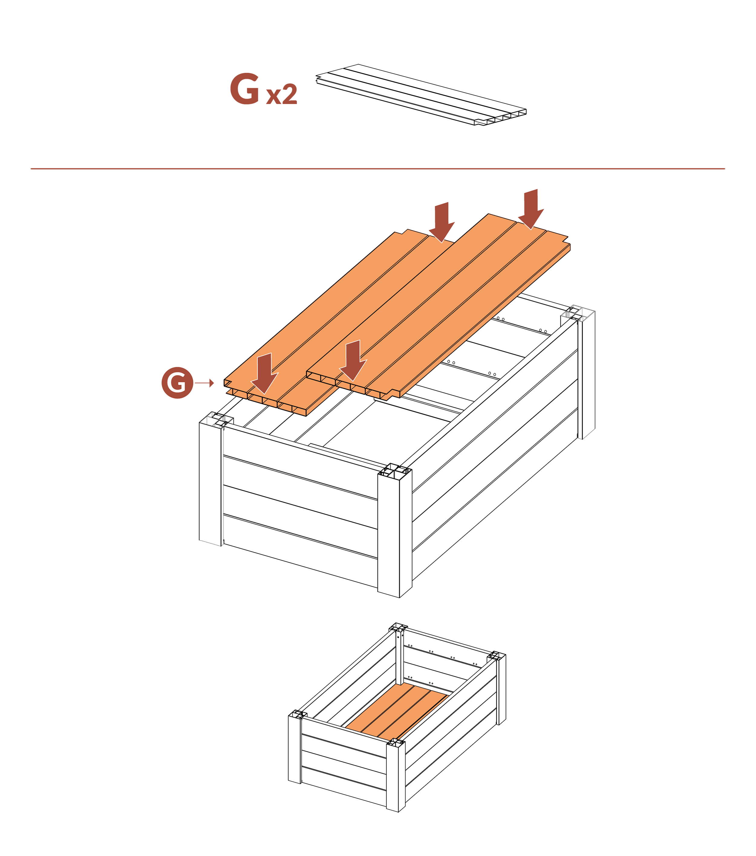 Step 10 Place floor boards (part G) into planter box