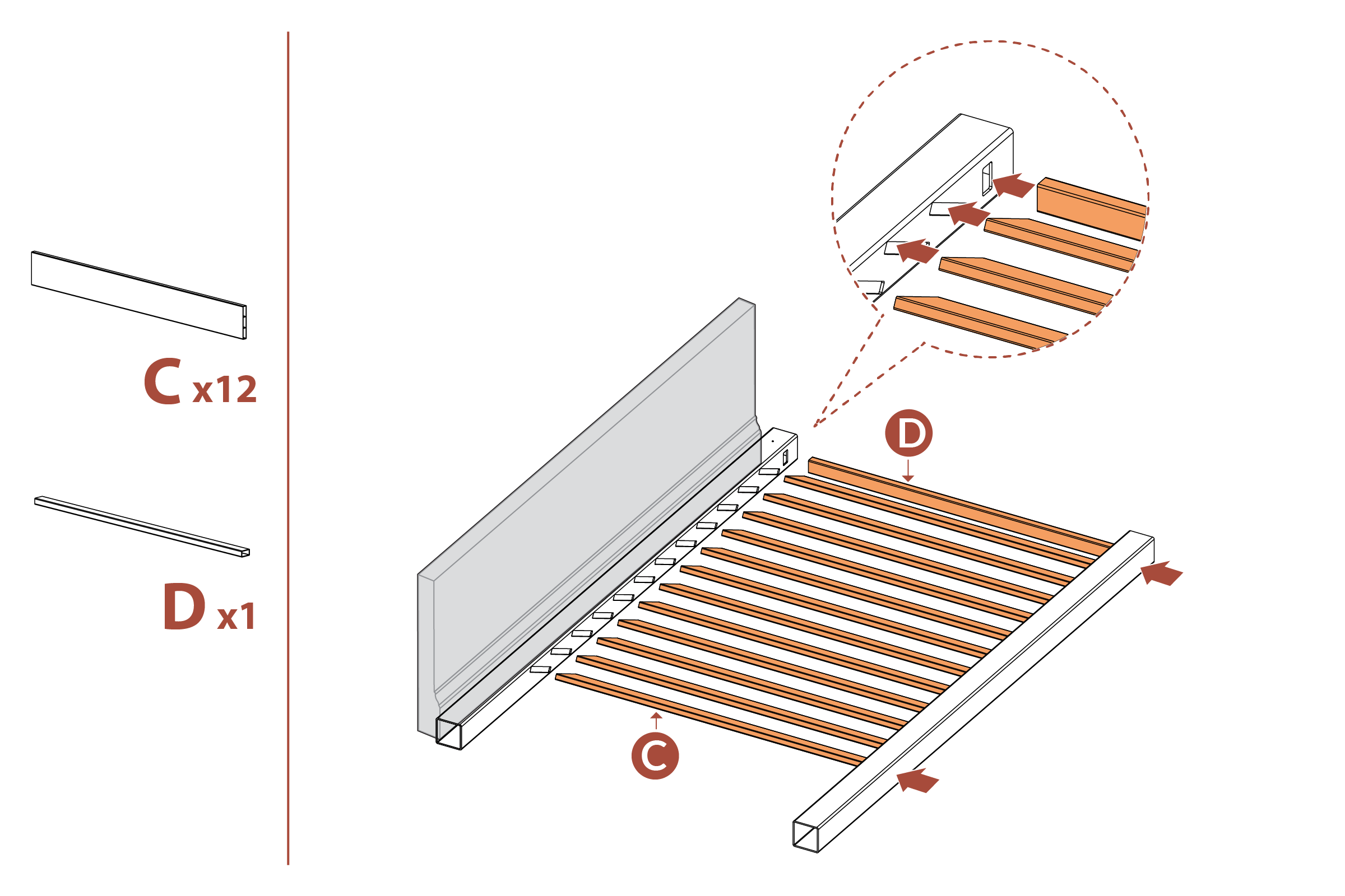 Step 12 Insert slats (part C and D) in posts (part A and B)