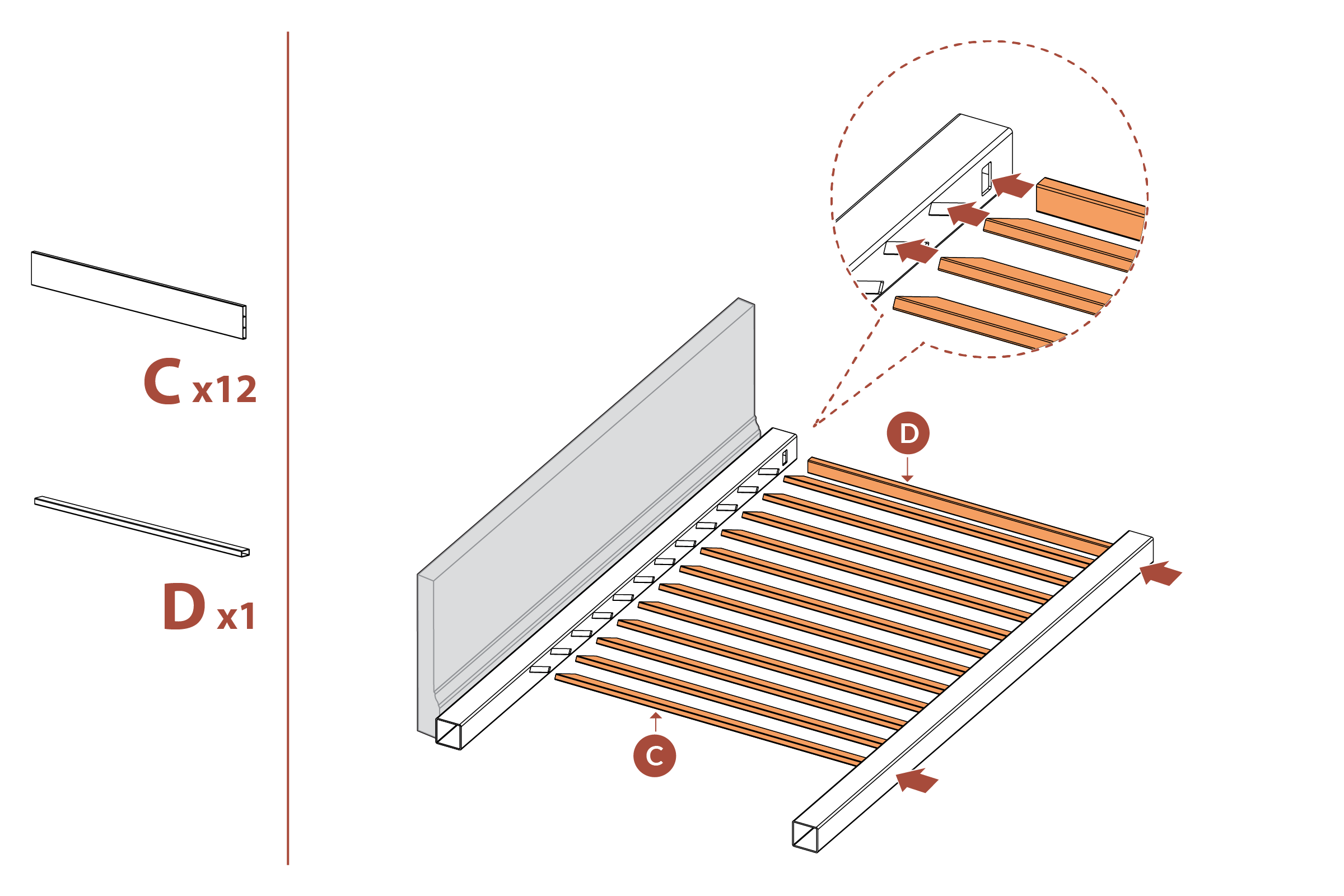 Step 14 Put slats into post (ensure post is against wall)