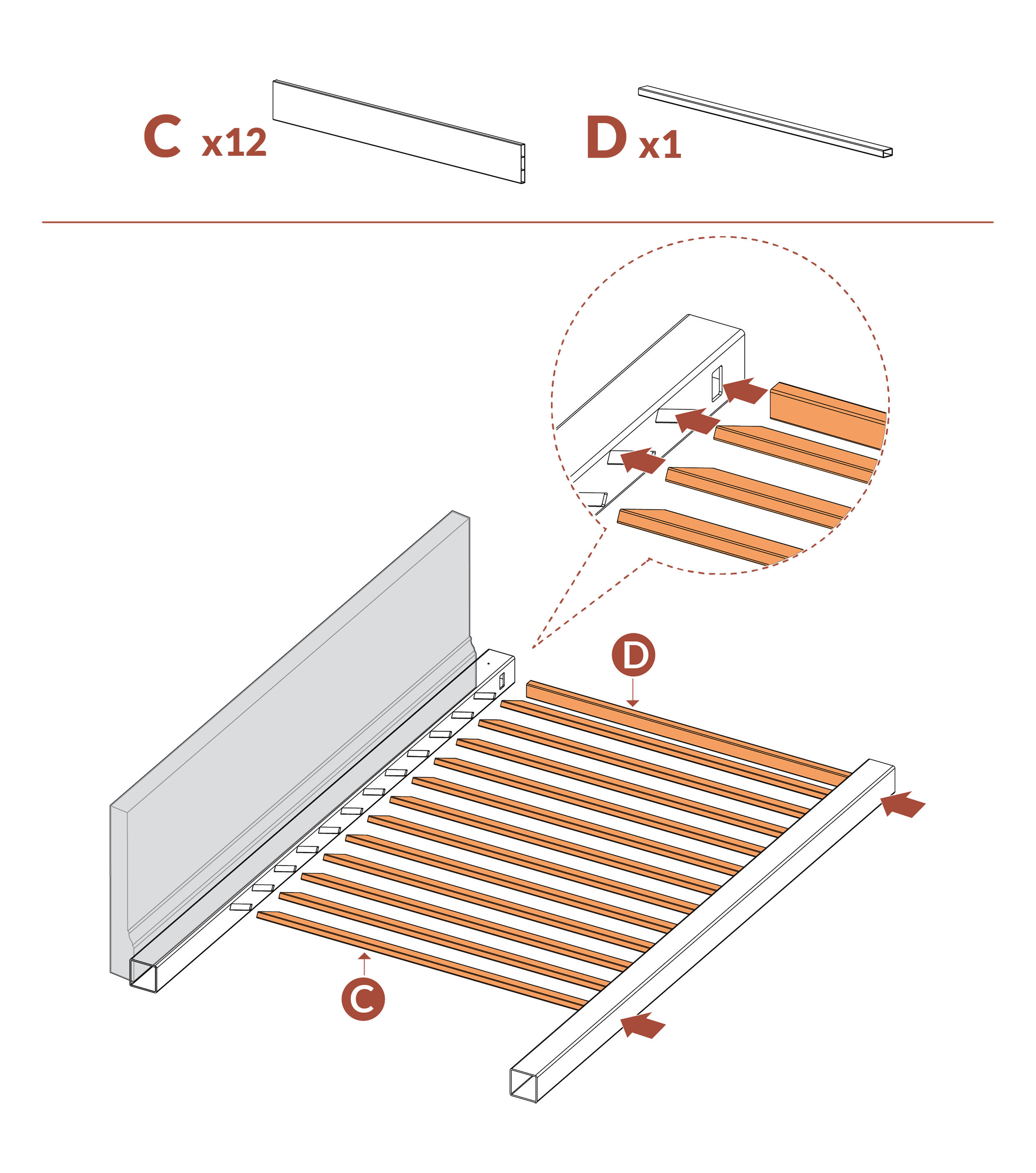 Step 12 Insert slats (part C and D) in posts (part A and B)