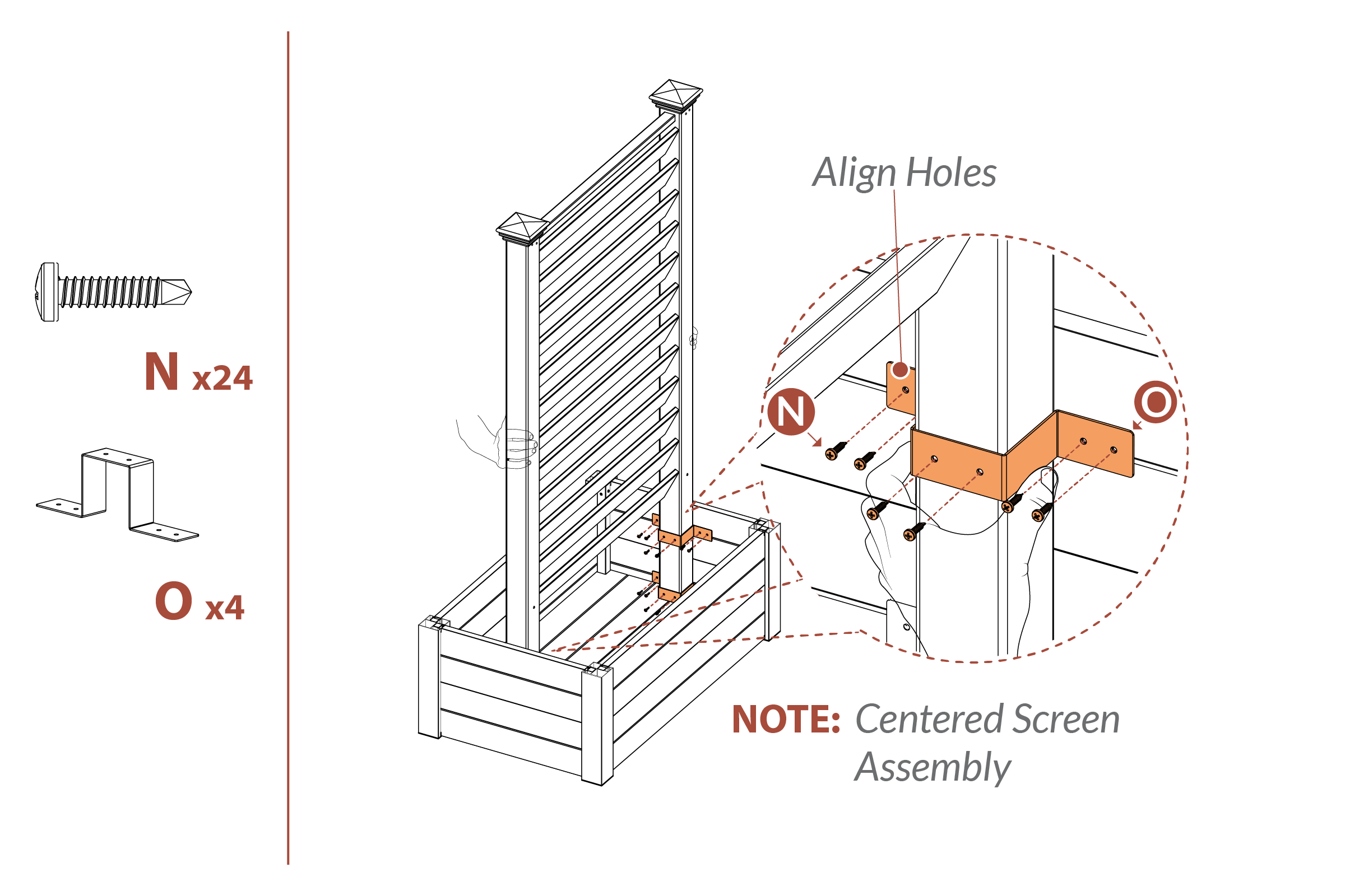 Step 16a install brackets (part O) and screws (part N)
