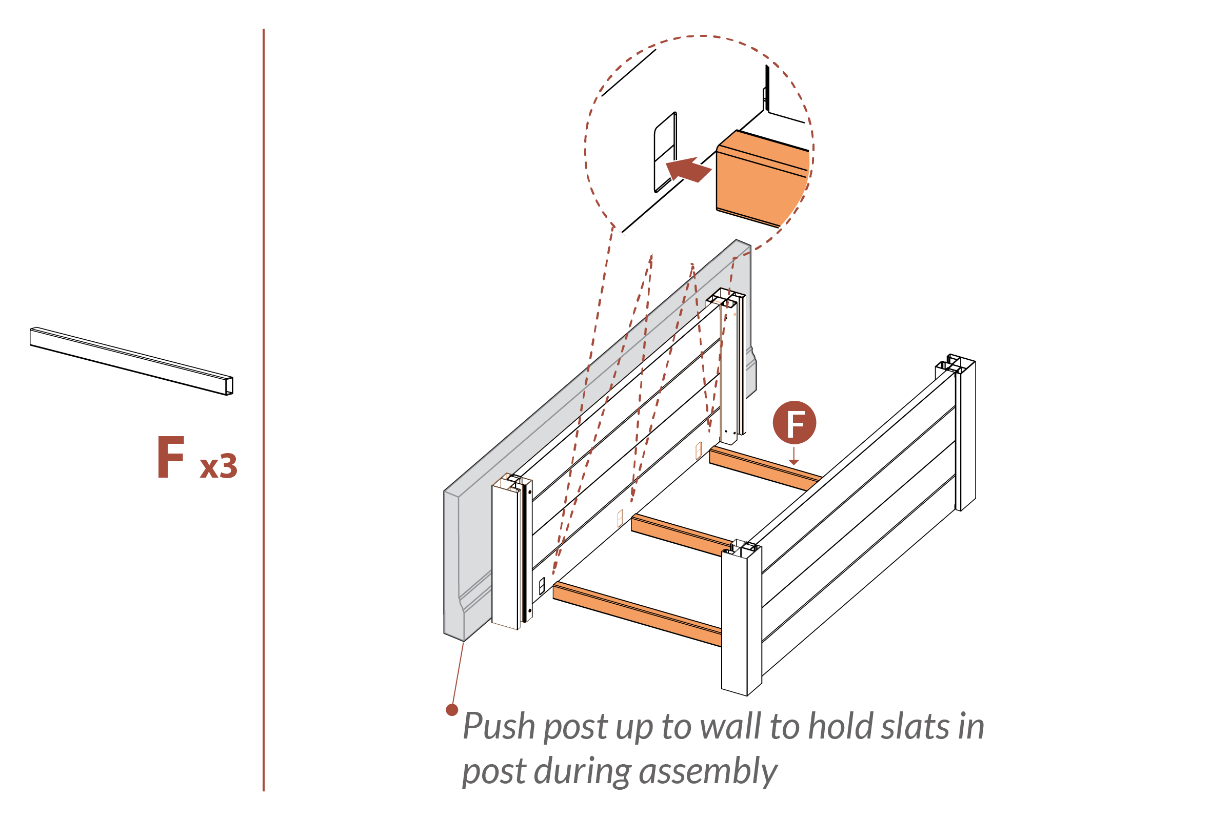 Step 6 Push post up to wall to secure slats while assembling
