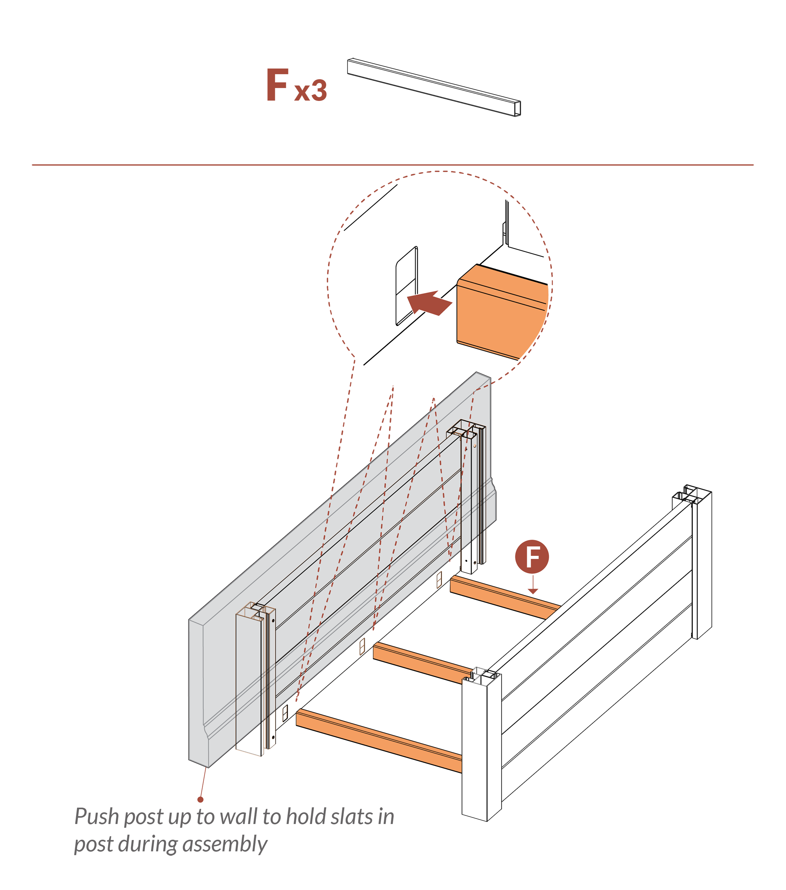 Step 6 Push post up to wall to secure slats while assembling