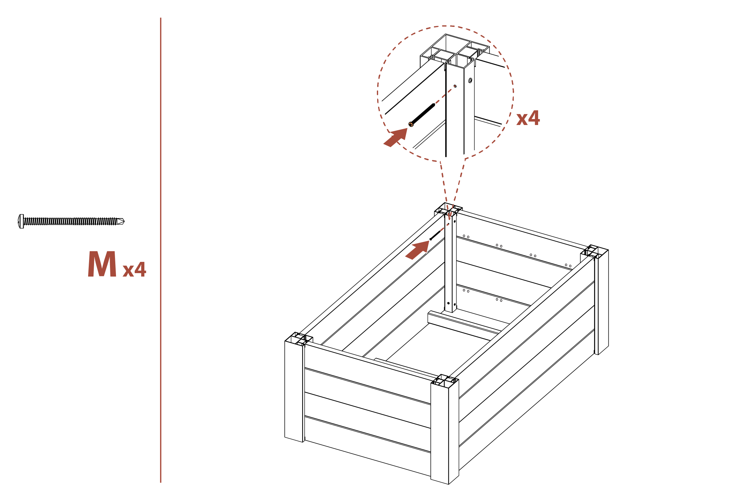 Step 9 Insert screws (part M) into planter box post (part E)