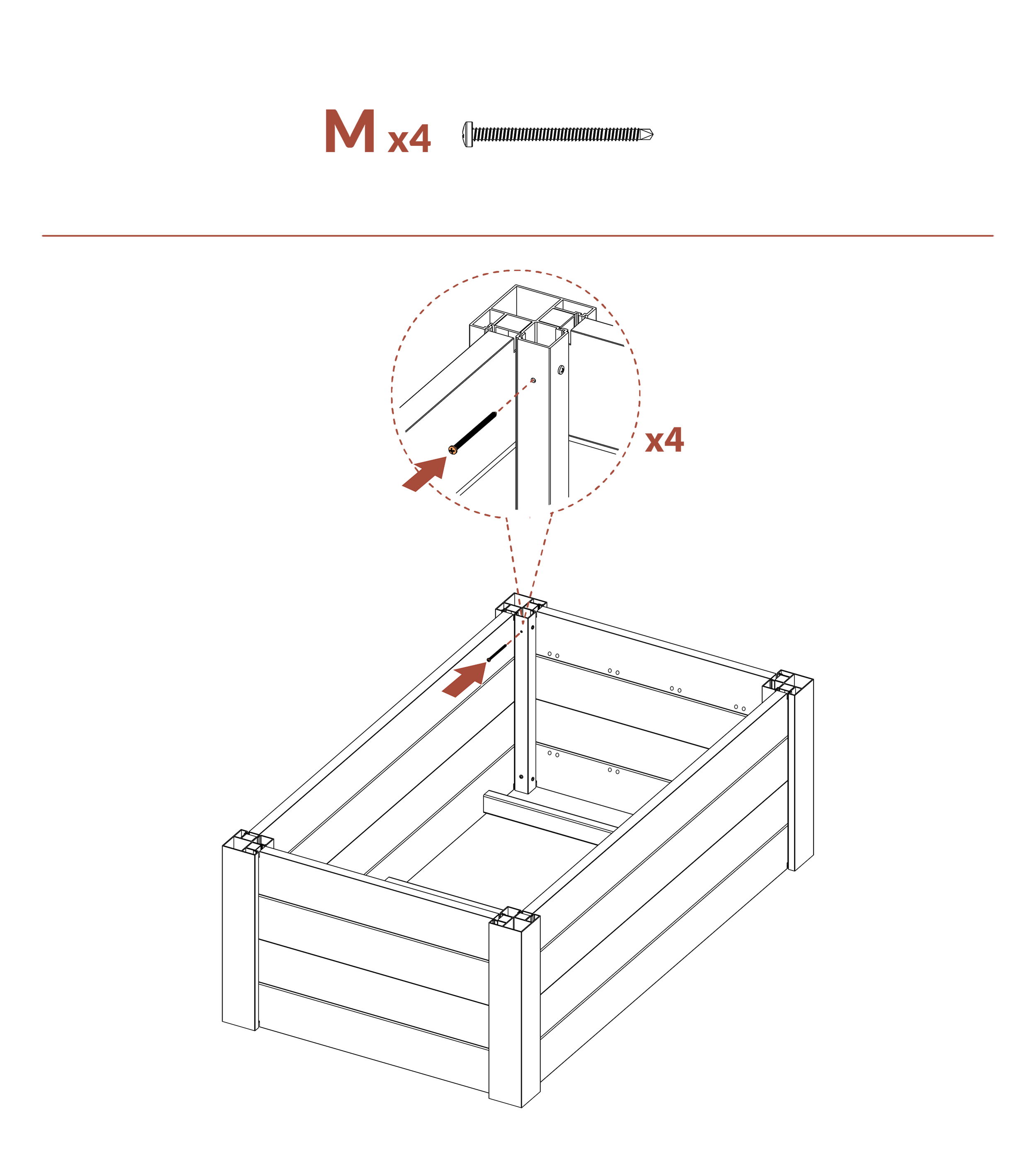 Step 9 Insert screws (part M) into planter box post (part E)