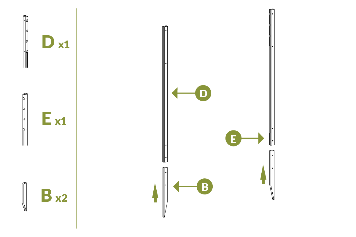 Step 3.1 Attach ground stakes (part B) to posts (parts D, E)