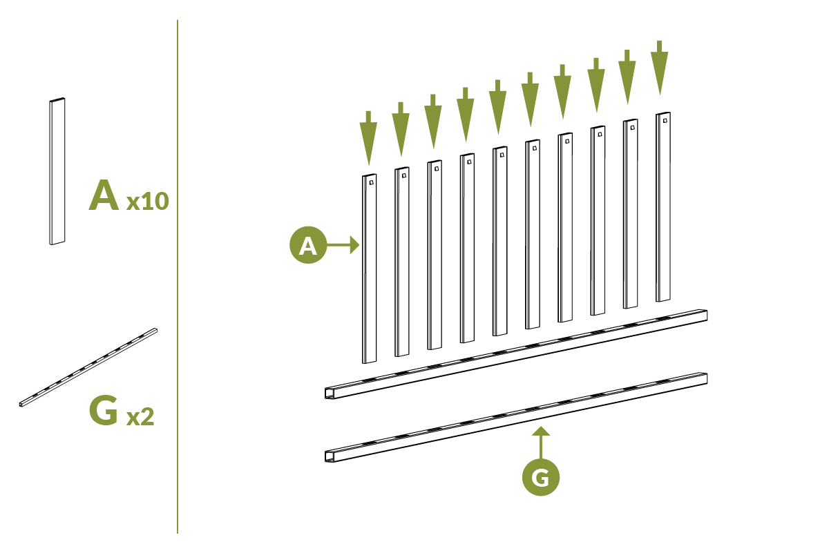 Step 5.1 Assemble lattice top by putting A slats into G rail