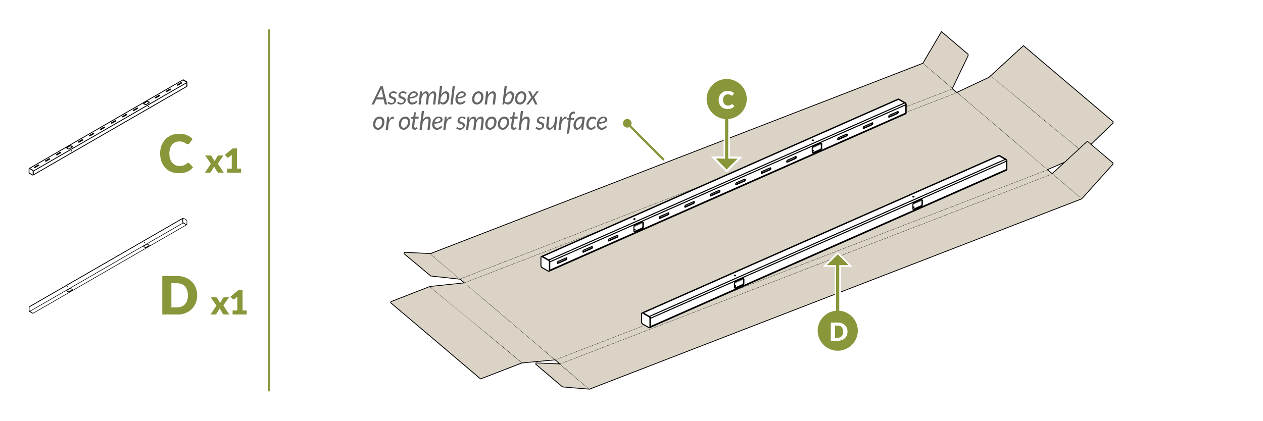 Assembly: Step 1 (Assemble on box or other smooth surface)
