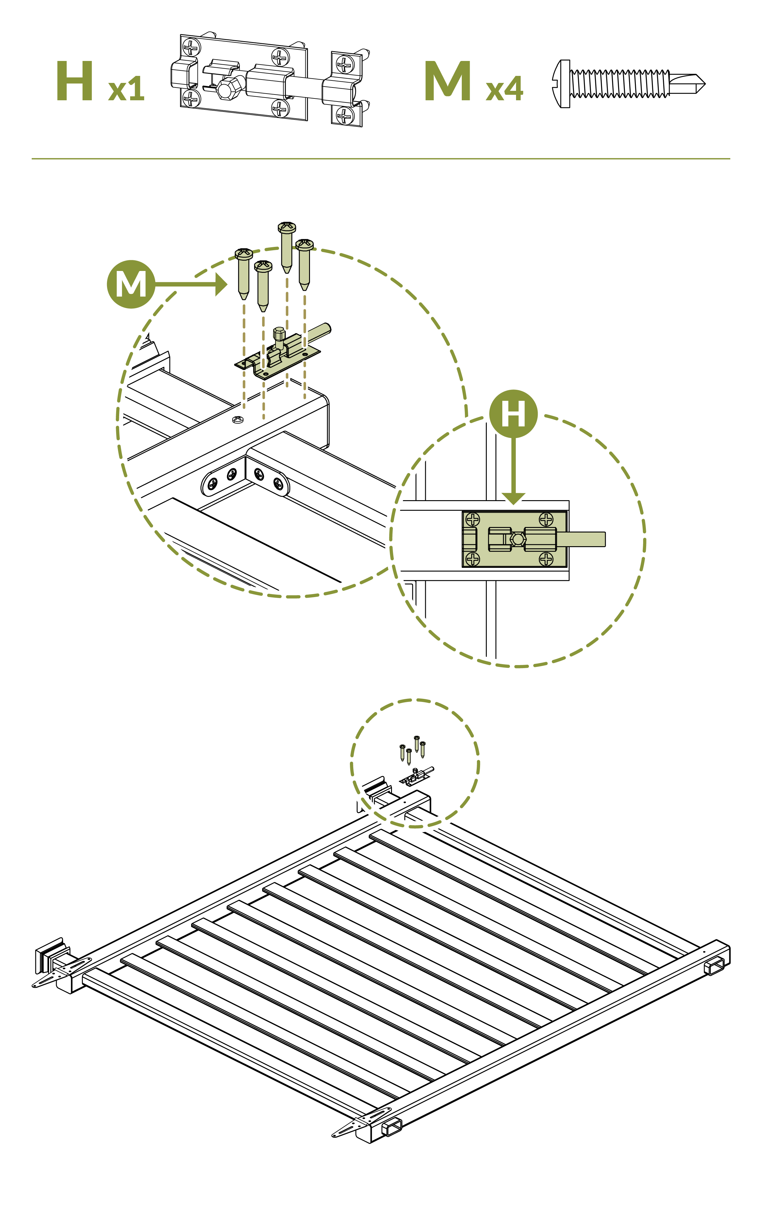 Screw Latch (H) to side opposite hinges with screws (M)