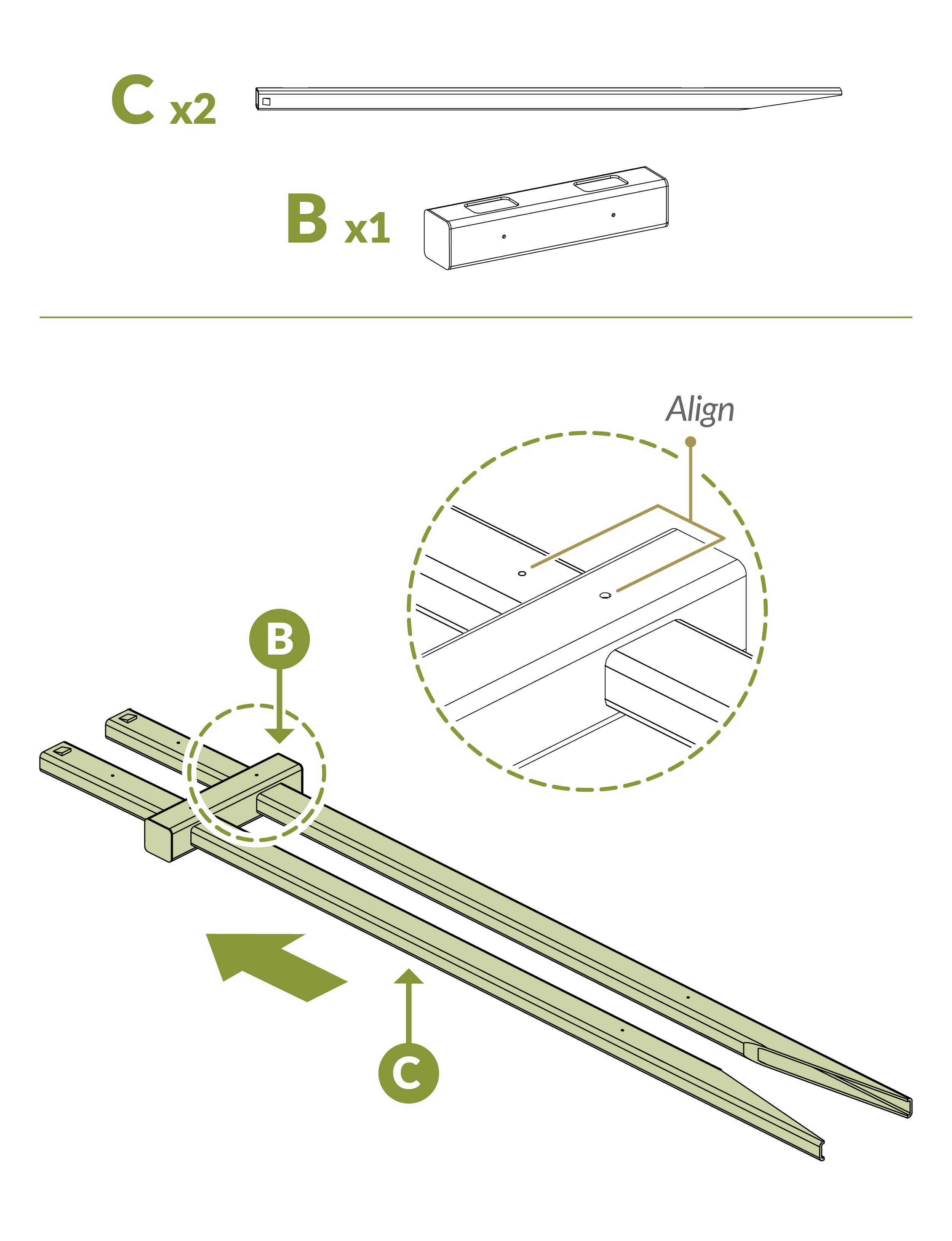 Assemble wing by placing posts (C) into rail (B)