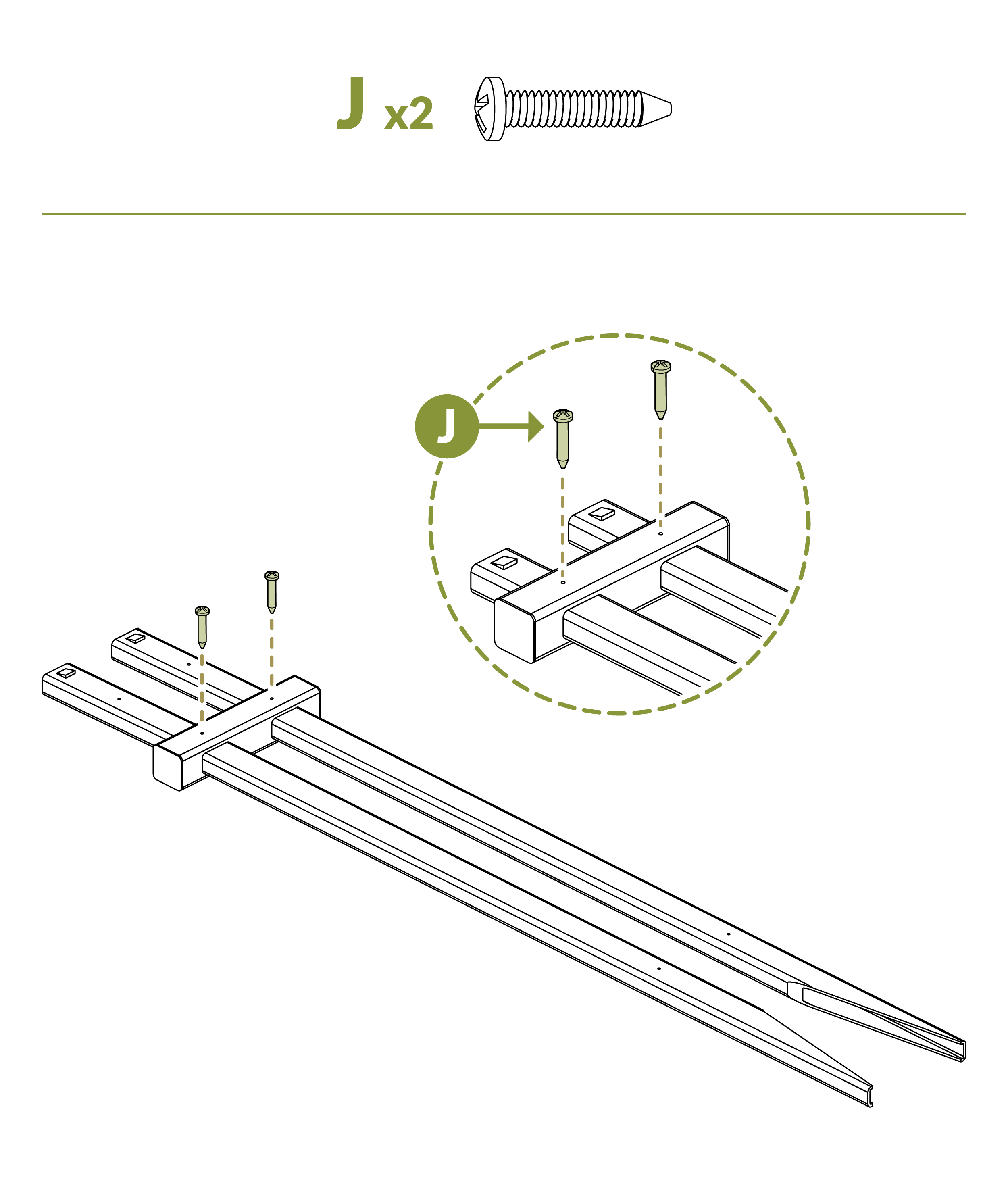 Screw rail into pace (screws labeled J)