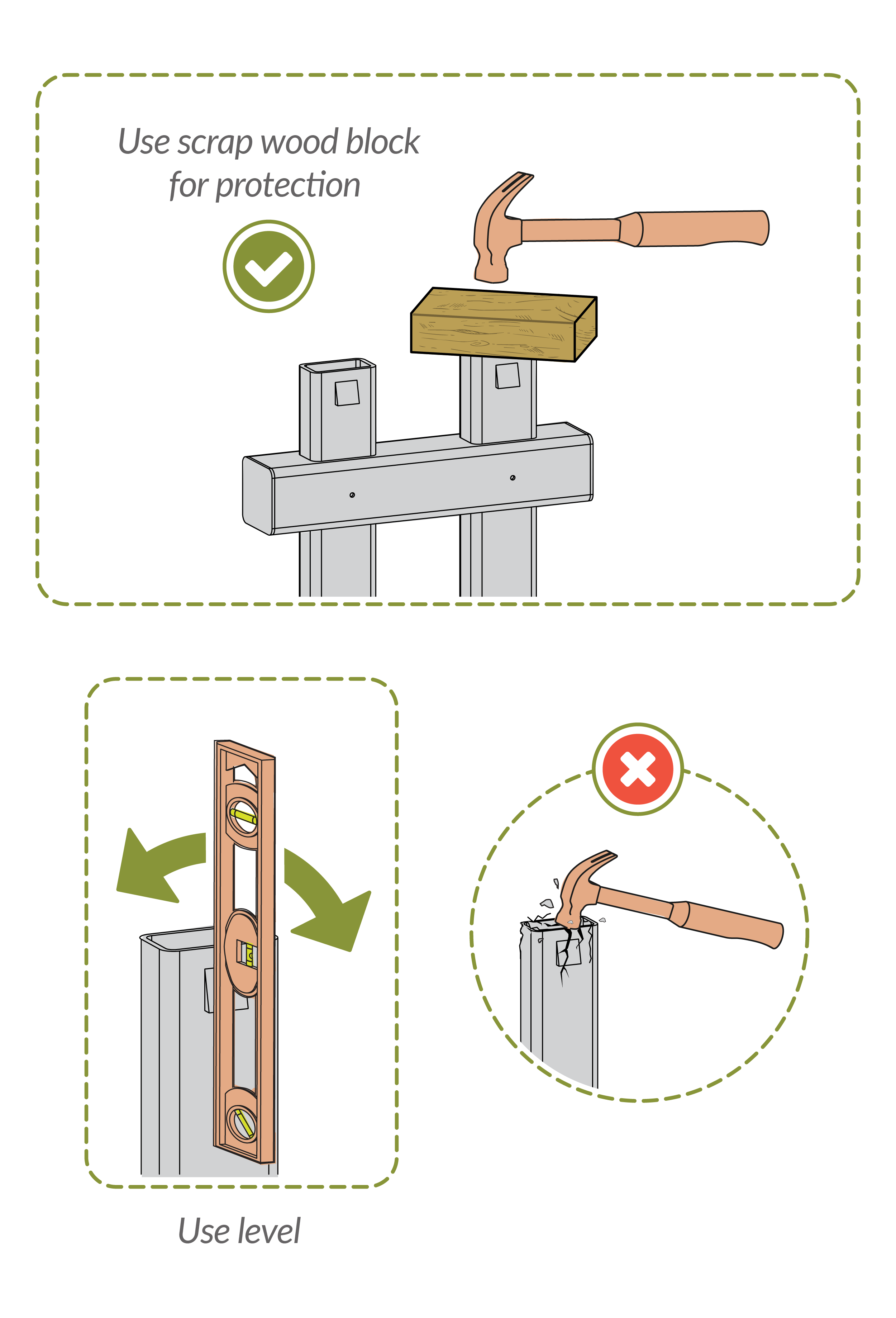 Hammer using wood block to protect posts