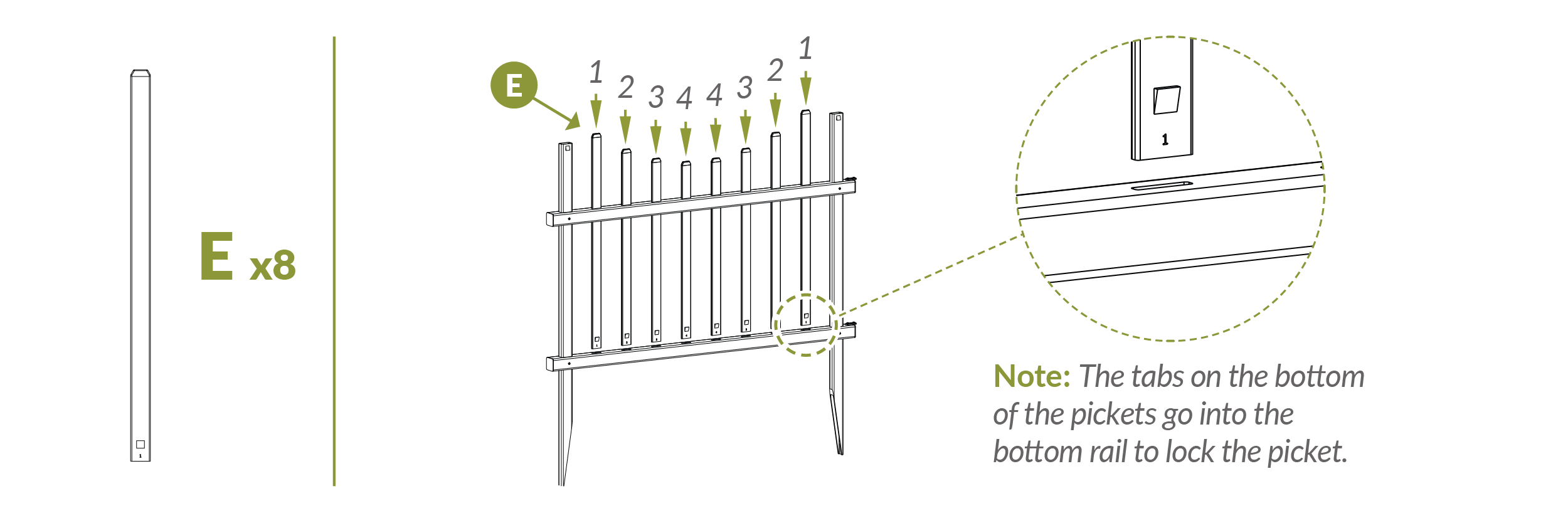 Step 3 Insert Pickets (use tabs on bottom to lock in place