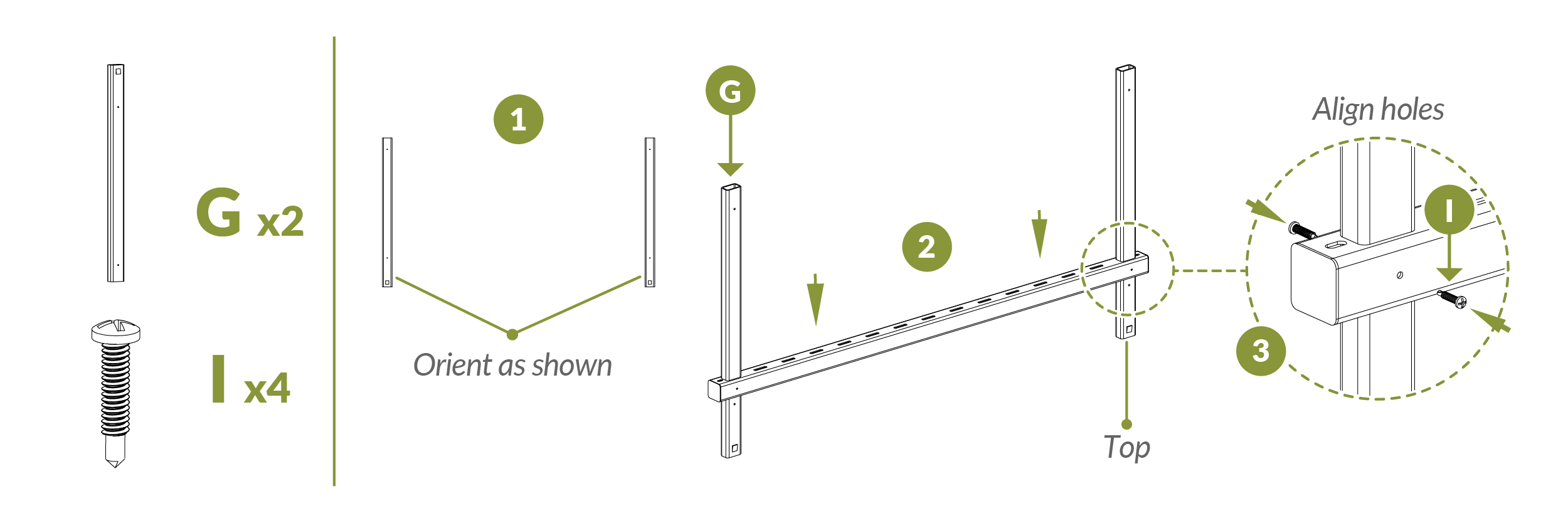 Step 2.2 Orient posts (part G) and align holes/screw (part I