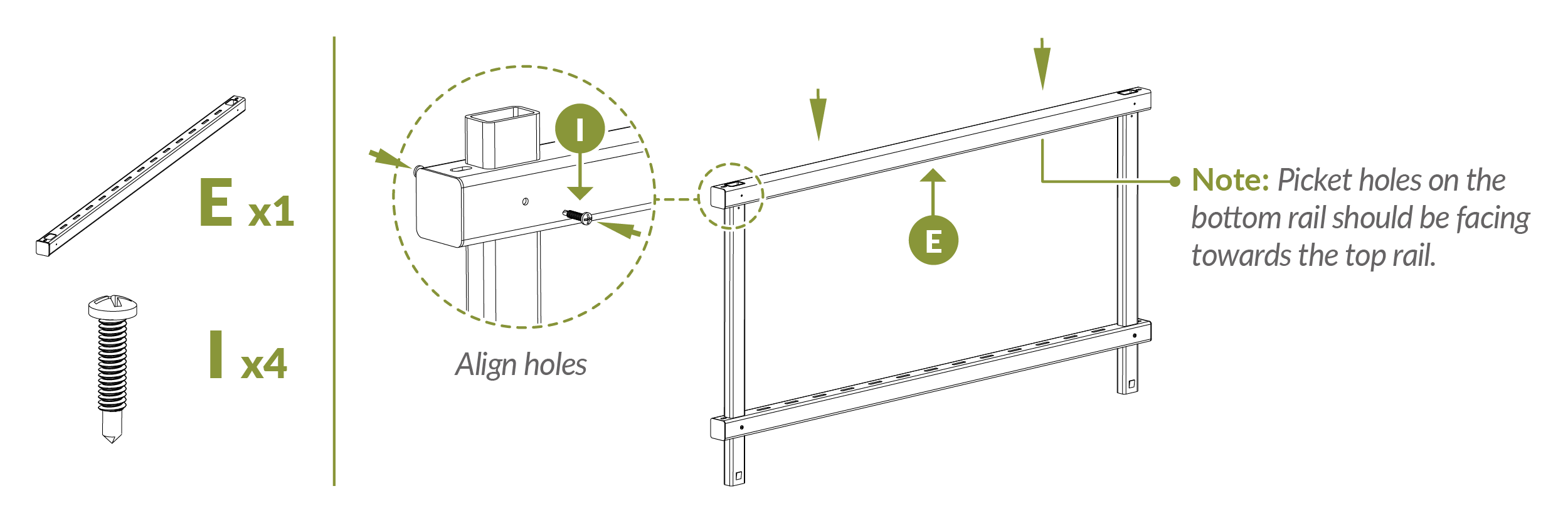 Step 2.3 Slide bottom rail (part E) and secure with screws