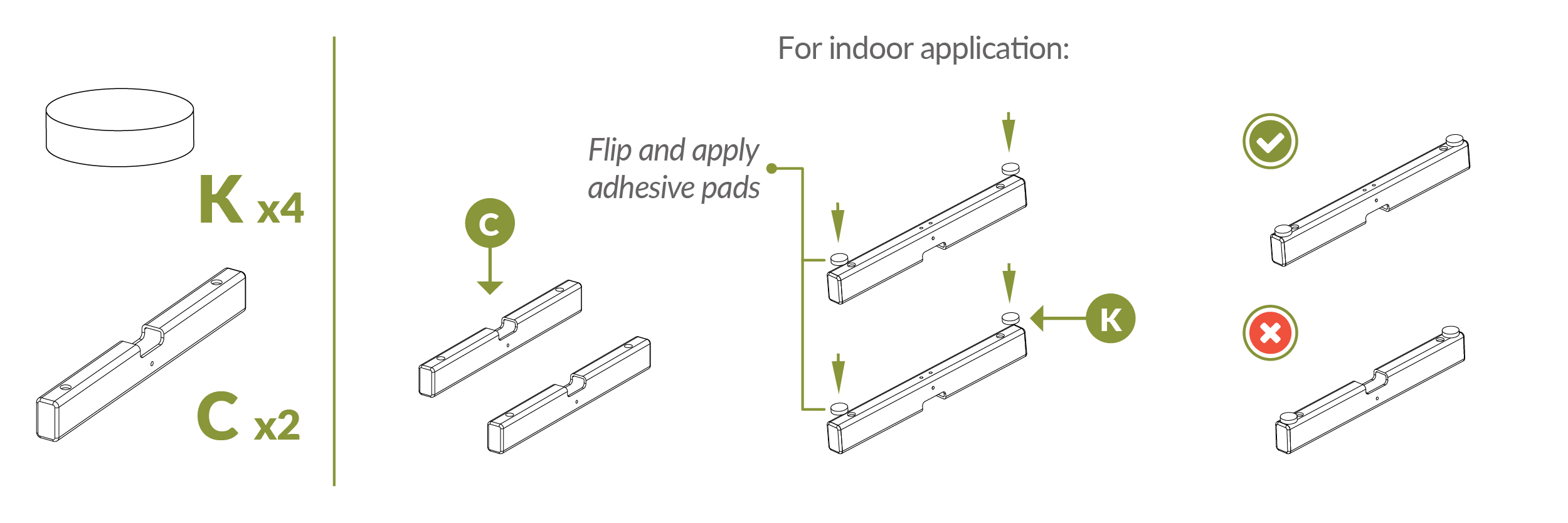 Step 4.1 Attach pads (part K) to feet (part C)