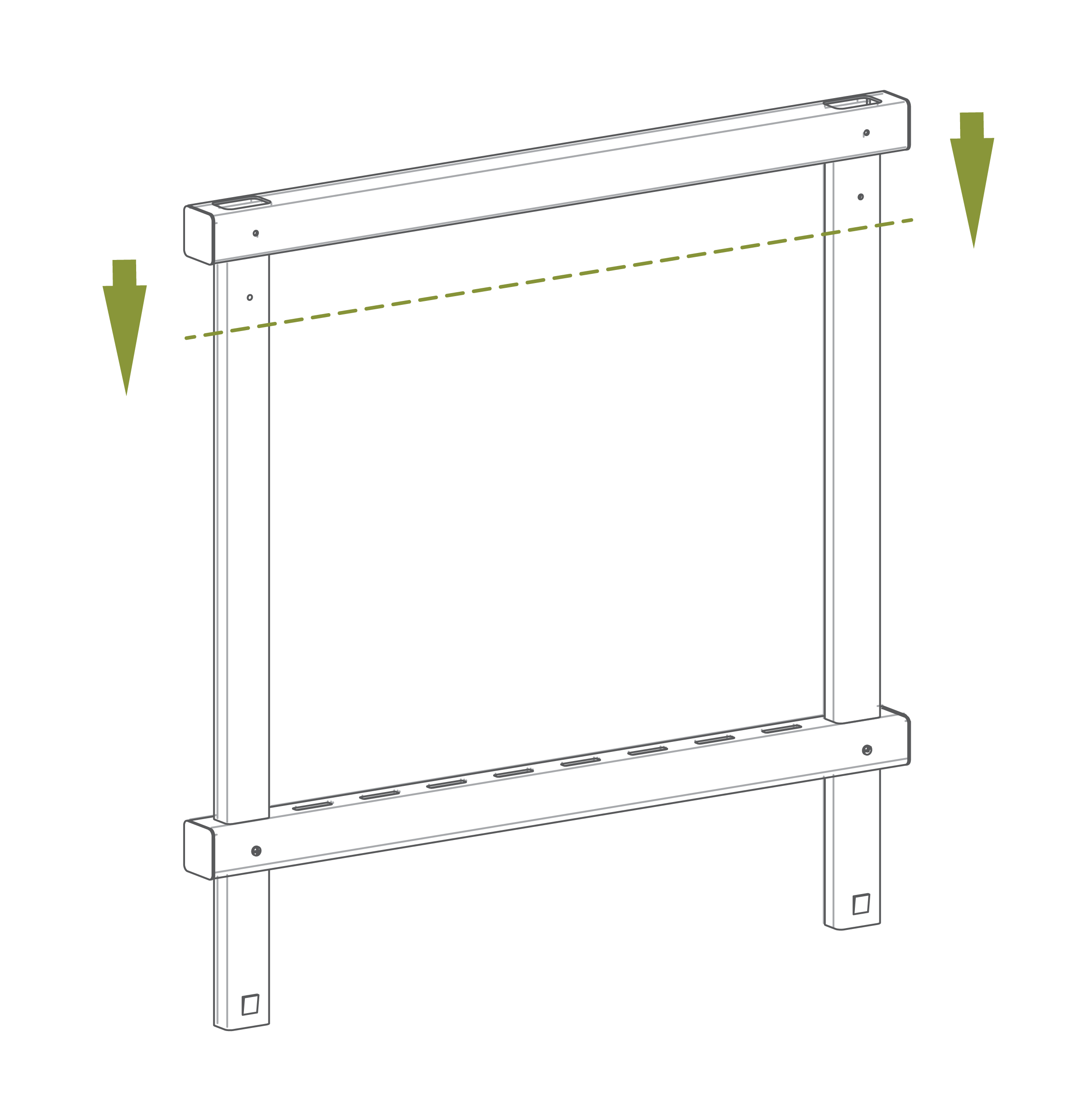 Step 2.3 Slide bottom rail over posts and align holes