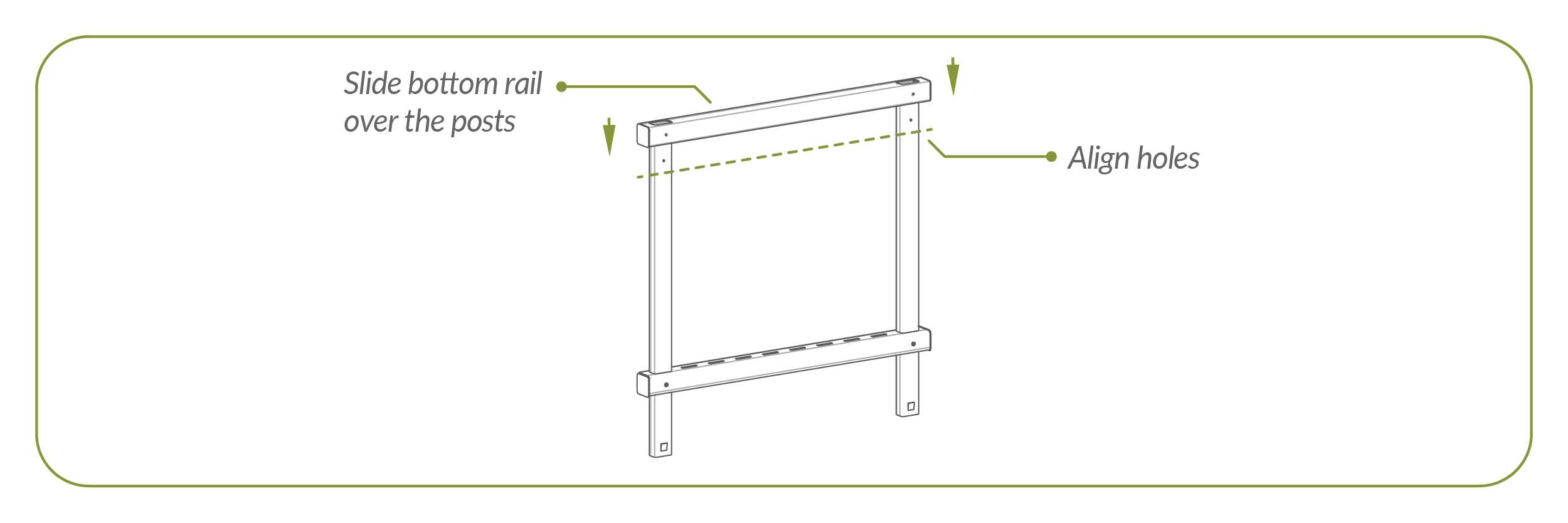 Step 2.3 Slide bottom rail over posts and align holes